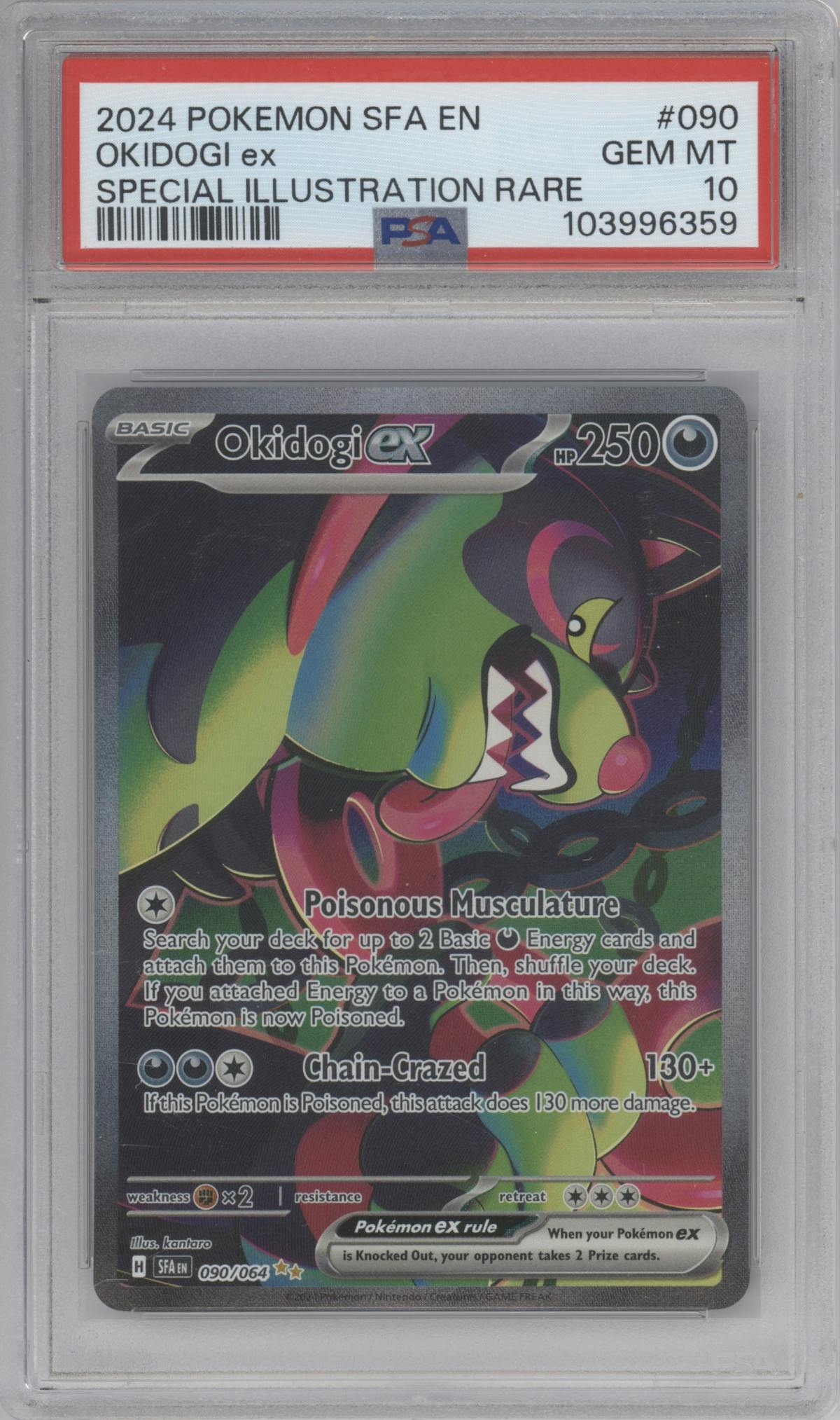 Okidogi ex from the 2024 Pokemon SV set graded by PSA and given an overall grade of 10.