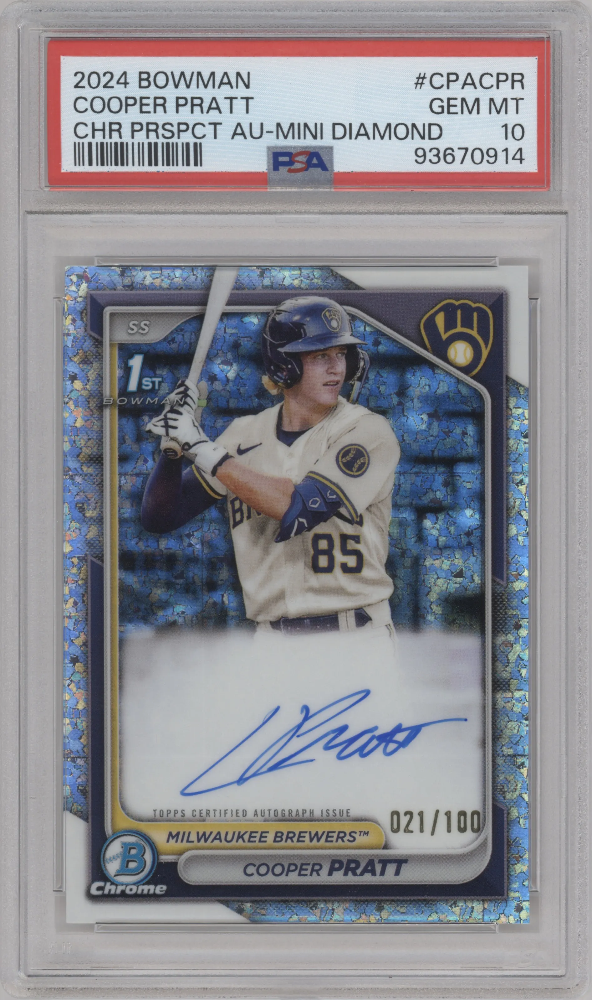 Cooper Pratt from the 2024 Bowman set featuring a Mini-Diamond Refractor parallel graded by PSA and given an overall grade of 10.
