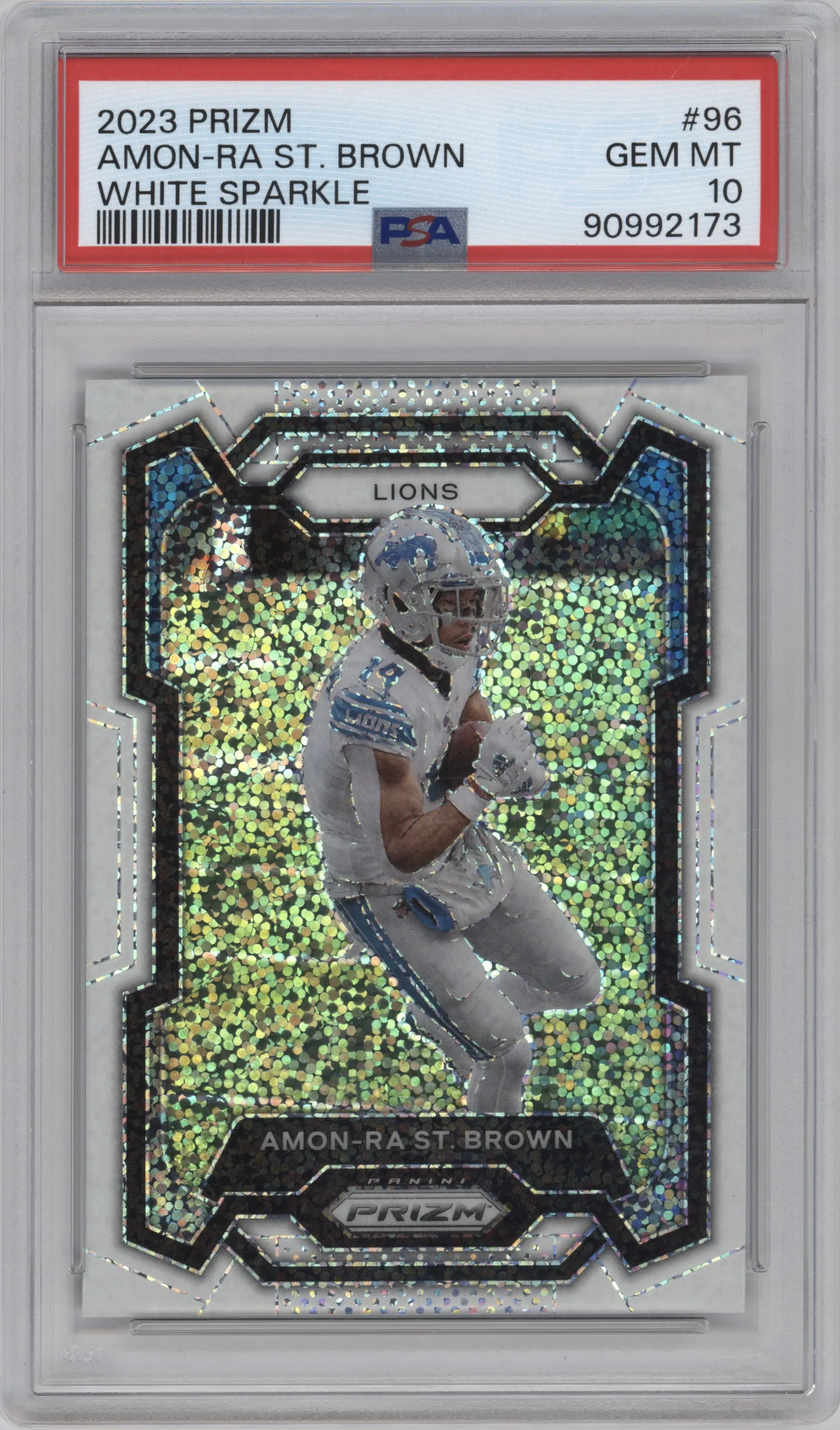 Amon-Ra St. Brown from the 2023 Panini Prizm set featuring a White Sparkle parallel graded by PSA and given an overall grade of 10.