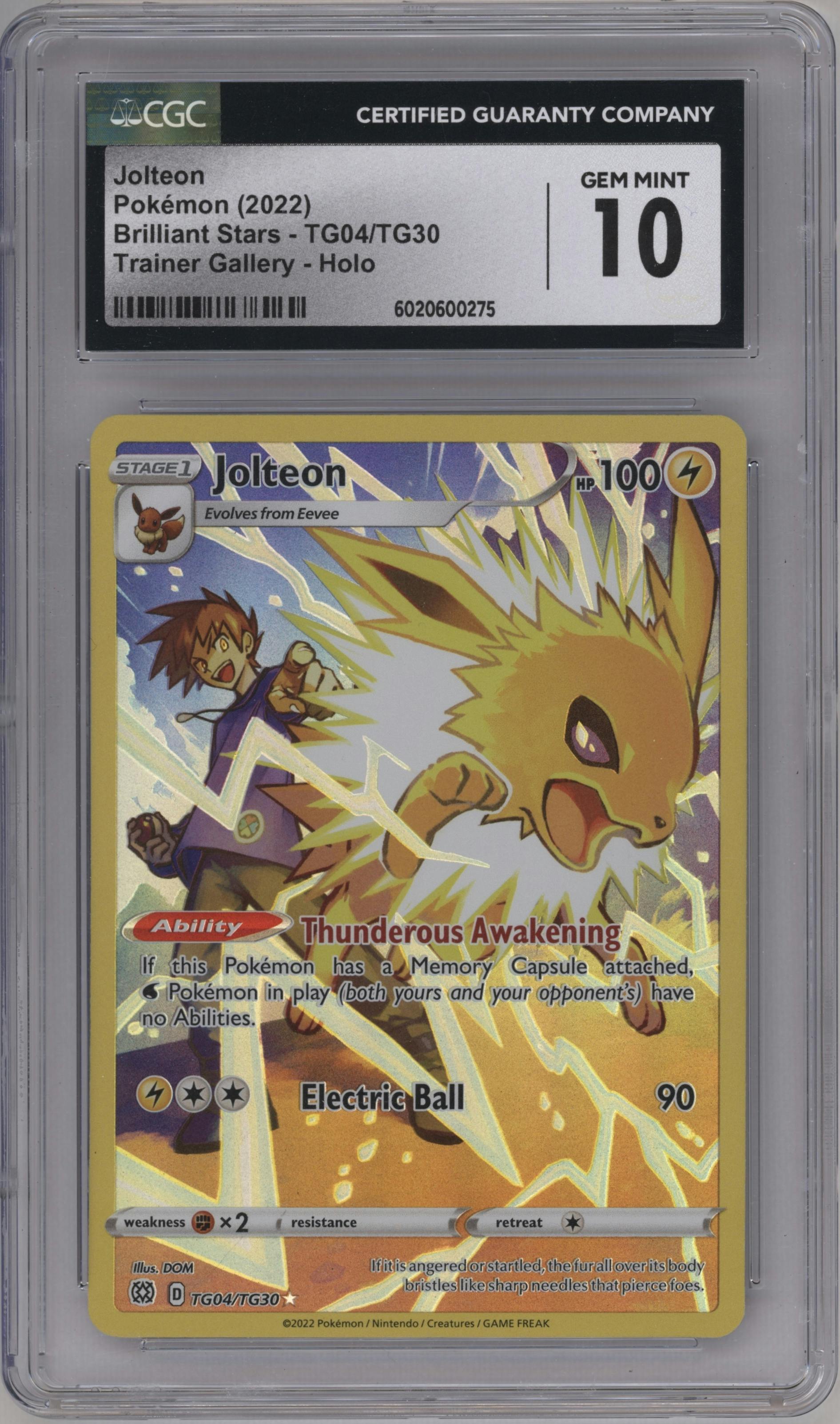 Jolteon from the 2022 Pokemon SWSH set graded by CSG and given an overall grade of 10.