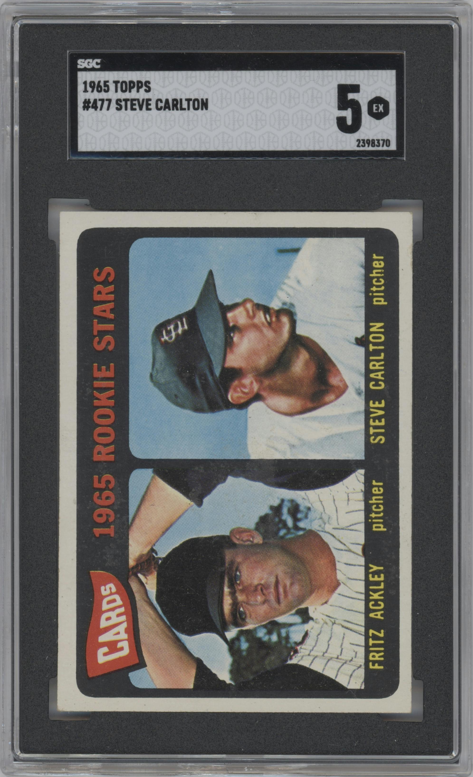 Fritz Ackley/Steve Carlton from the 1965 Topps set graded by SGC and given an overall grade of 5.