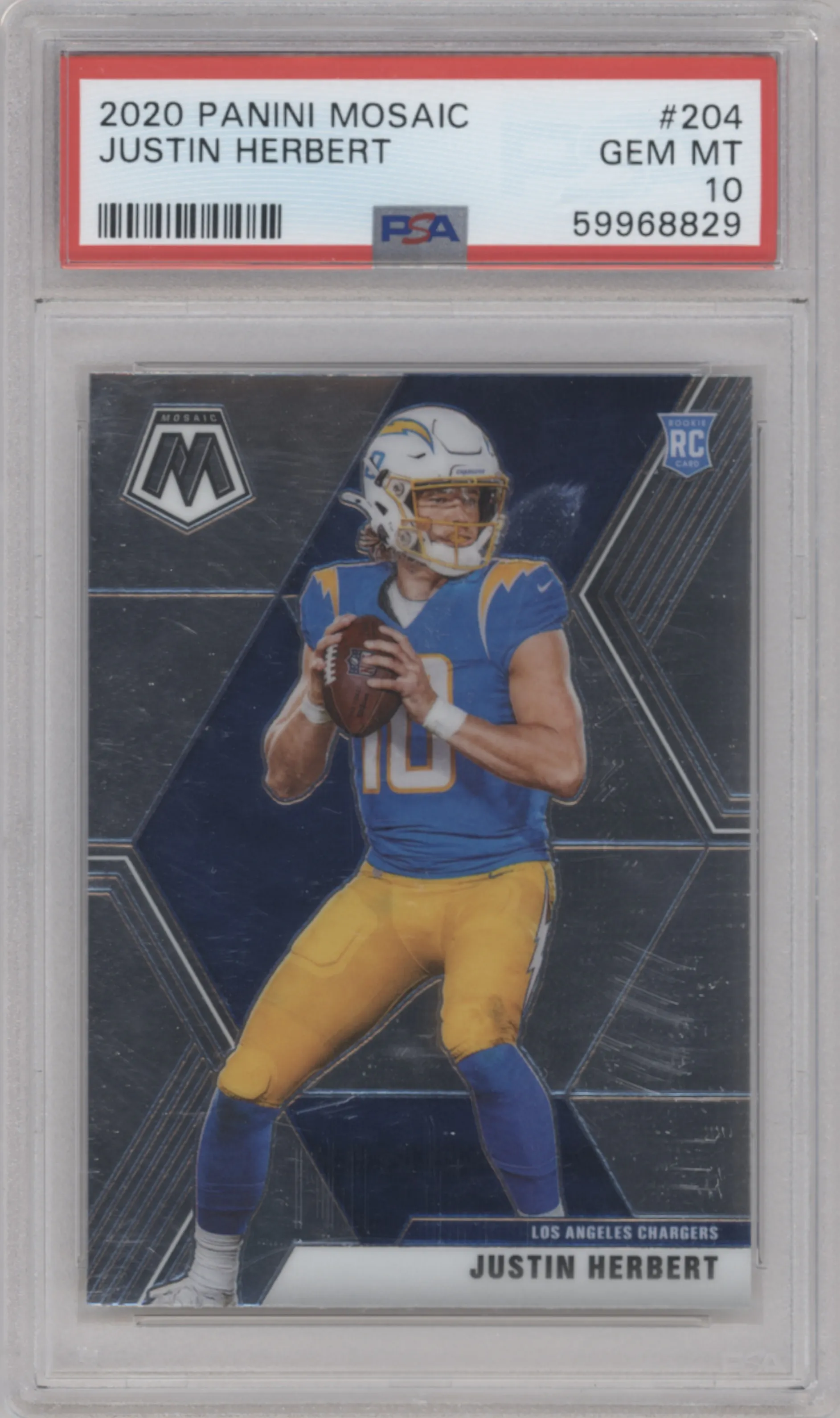 Justin Herbert from the 2020 Panini Mosaic set graded by PSA and given an overall grade of 10.