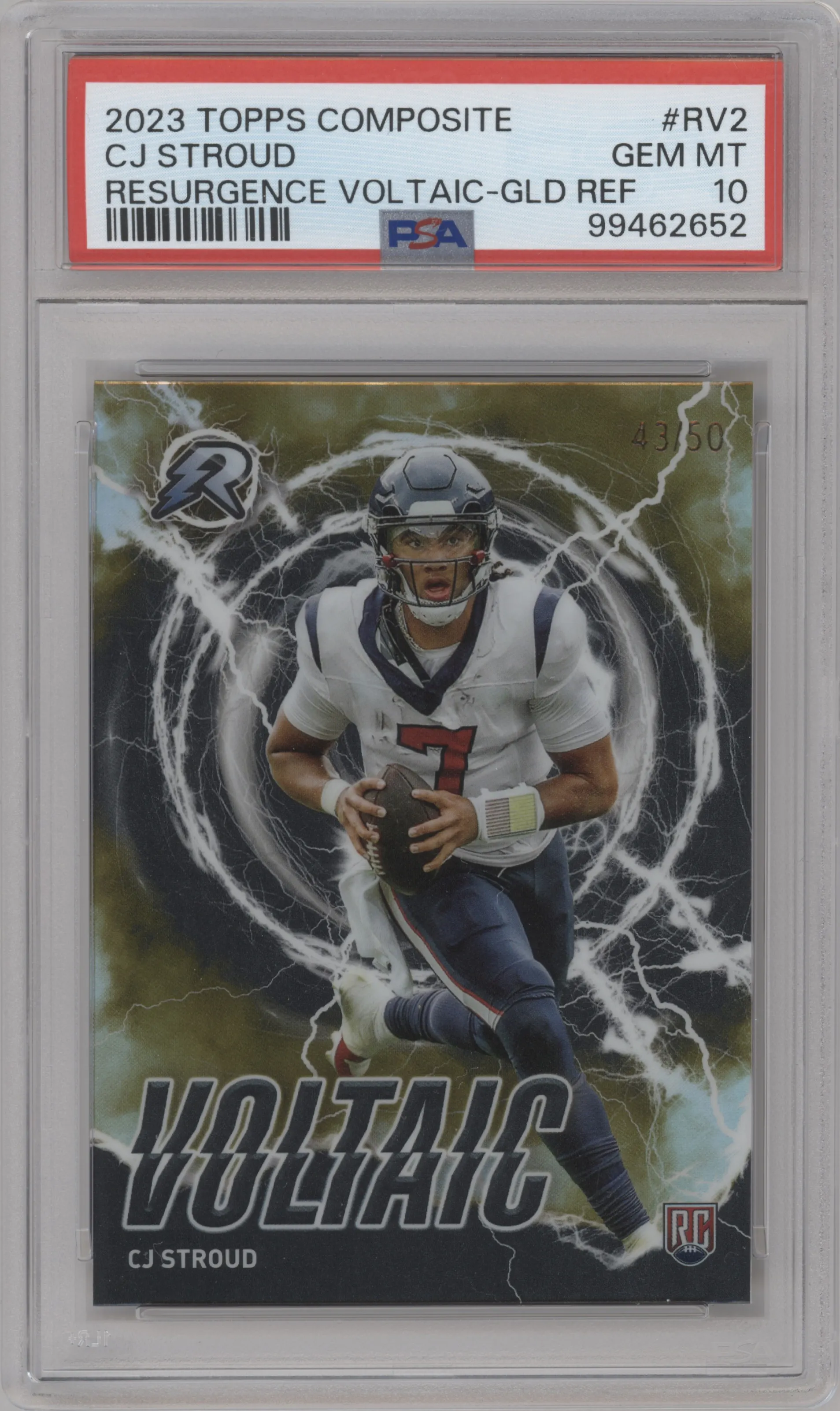 CJ Stroud from the 2023 Topps Composite set featuring a Gold Refractor parallel graded by PSA and given an overall grade of 10.