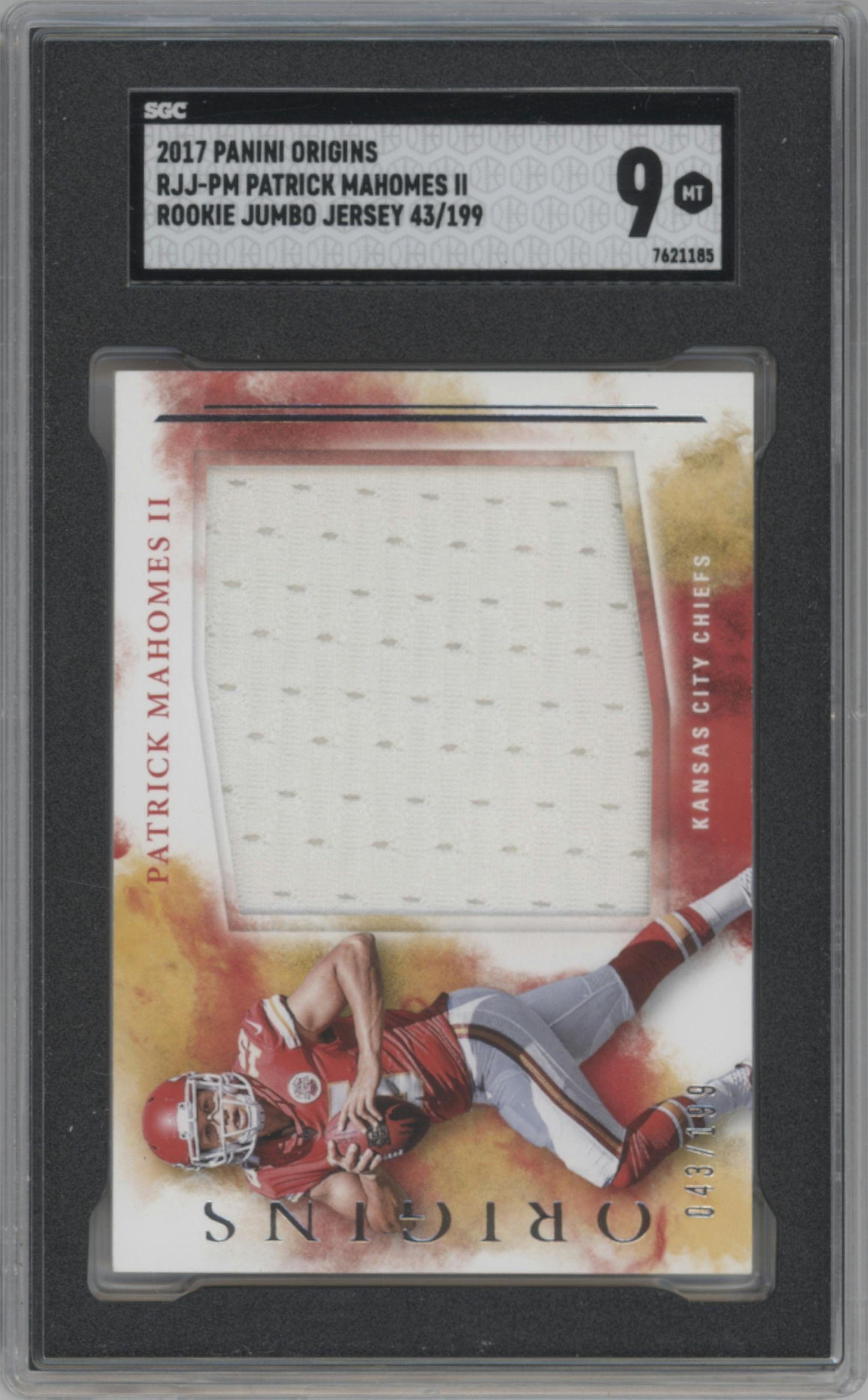 Patrick Mahomes II from the 2017 Panini Origins set graded by SGC and given an overall grade of 9.