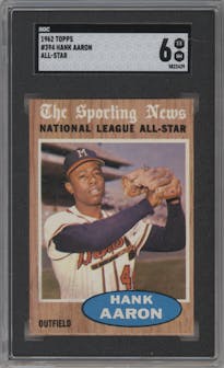 Hank Aaron from the 1962 Topps set graded by SGC and given an overall grade of 6.