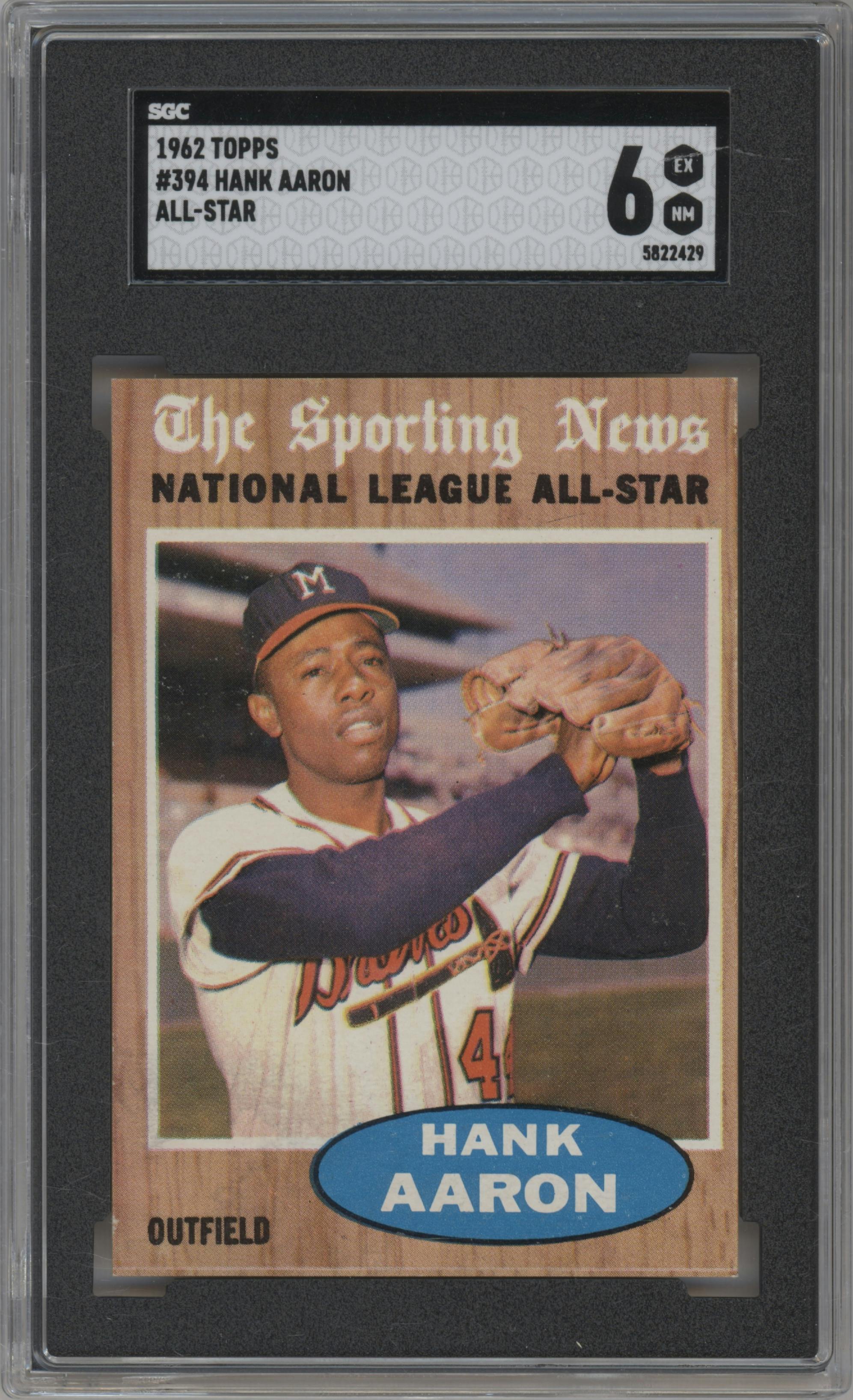 Hank Aaron from the 1962 Topps set graded by SGC and given an overall grade of 6.