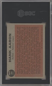 Hank Aaron from the 1962 Topps set graded by SGC and given an overall grade of 6.