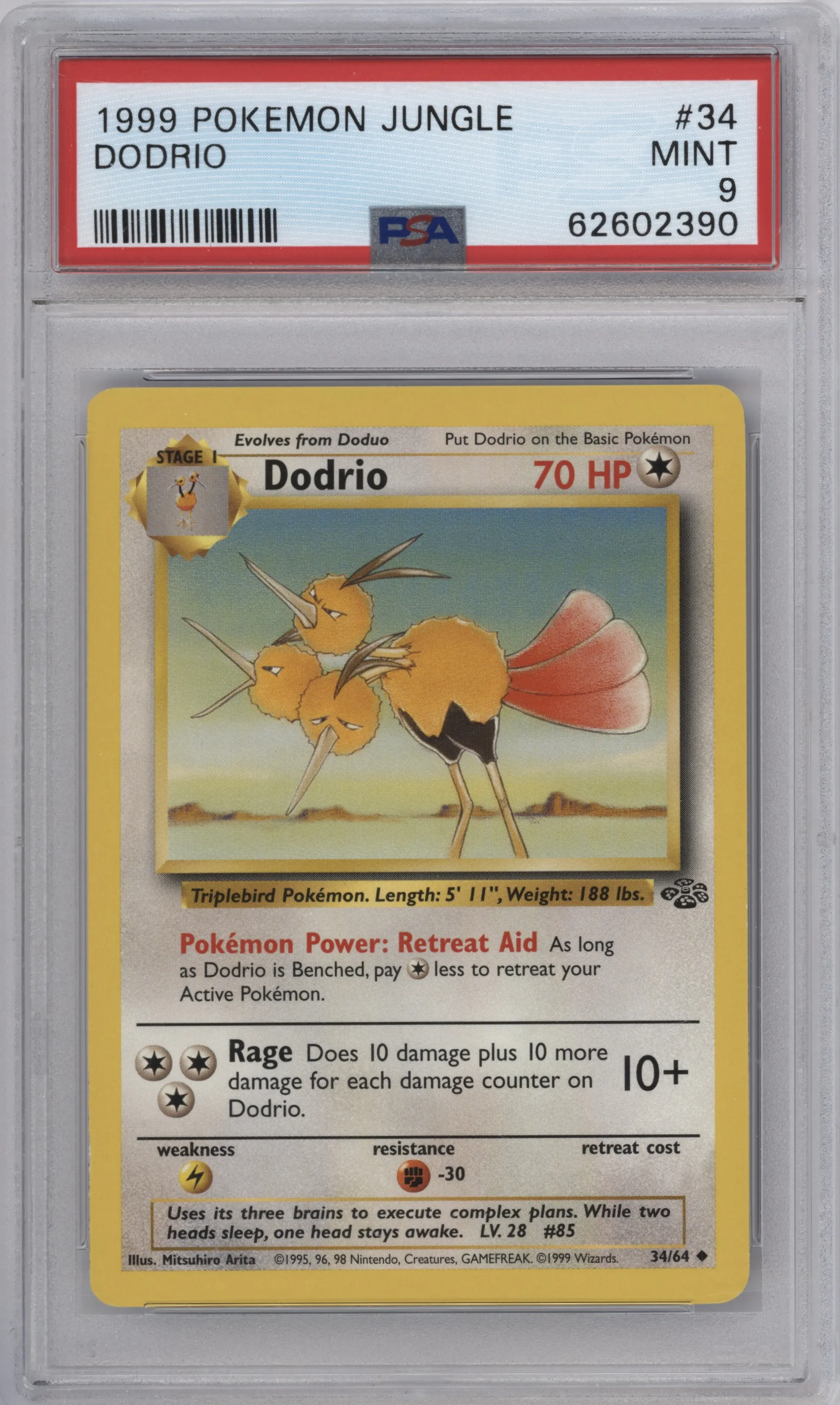 Dodrio from the 1999 Pokemon set graded by PSA and given an overall grade of 9.