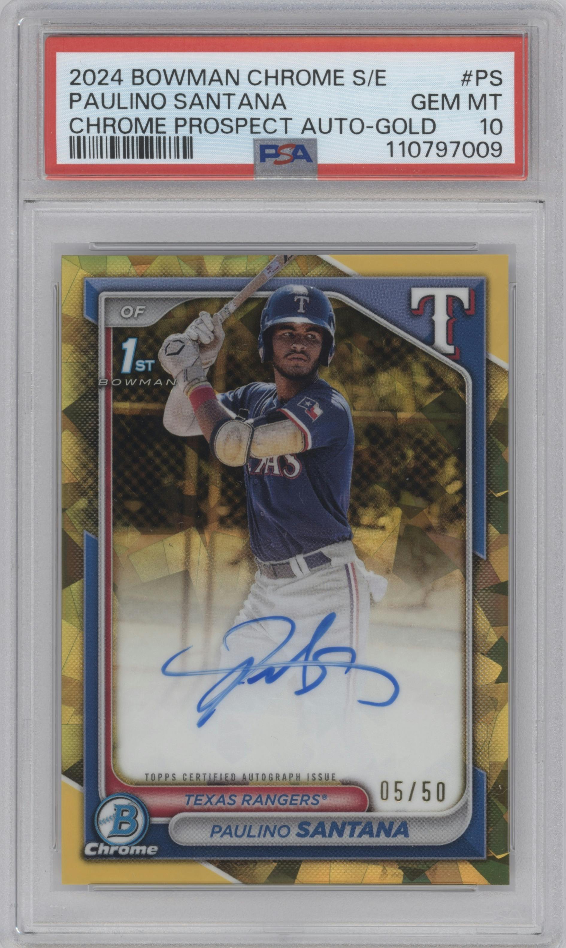 Paulino Santana from the 2024 Bowman Chrome Sapphire set featuring a Gold parallel graded by PSA and given an overall grade of 10.