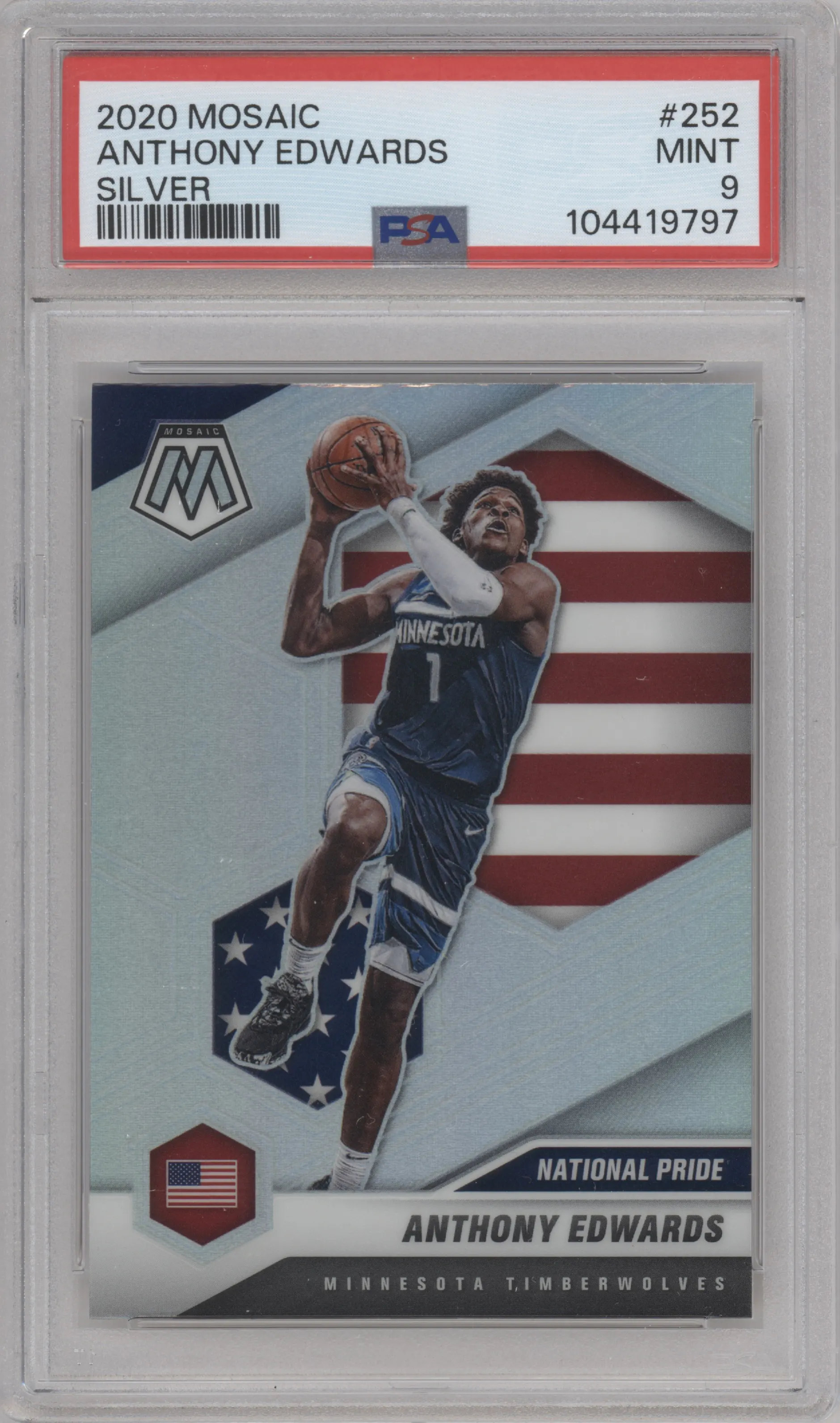 Anthony Edwards from the 2020-21 Panini Mosaic set featuring a Silver parallel graded by PSA and given an overall grade of 9.