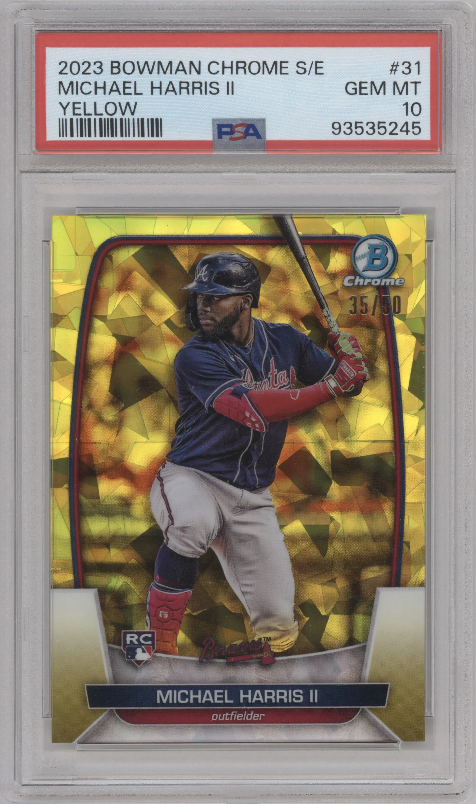 Michael Harris II from the 2023 Bowman Chrome Sapphire Edition set featuring a Yellow parallel graded by PSA and given an overall grade of 10.