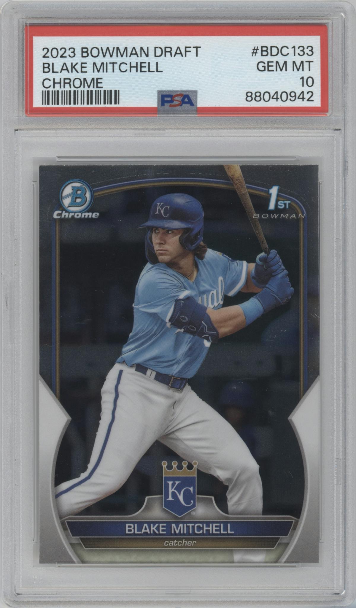 Blake Mitchell from the 2023 Bowman Draft set graded by PSA and given an overall grade of 10.