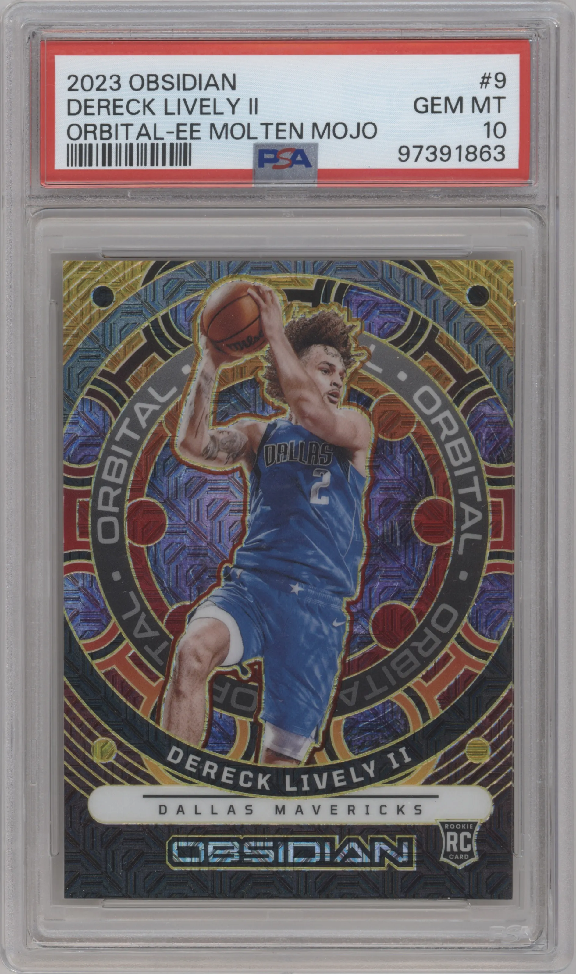 Dereck Lively II from the 2023-24 Panini Obsidian set featuring a Electric Etch Molten Mojo parallel graded by PSA and given an overall grade of 10.