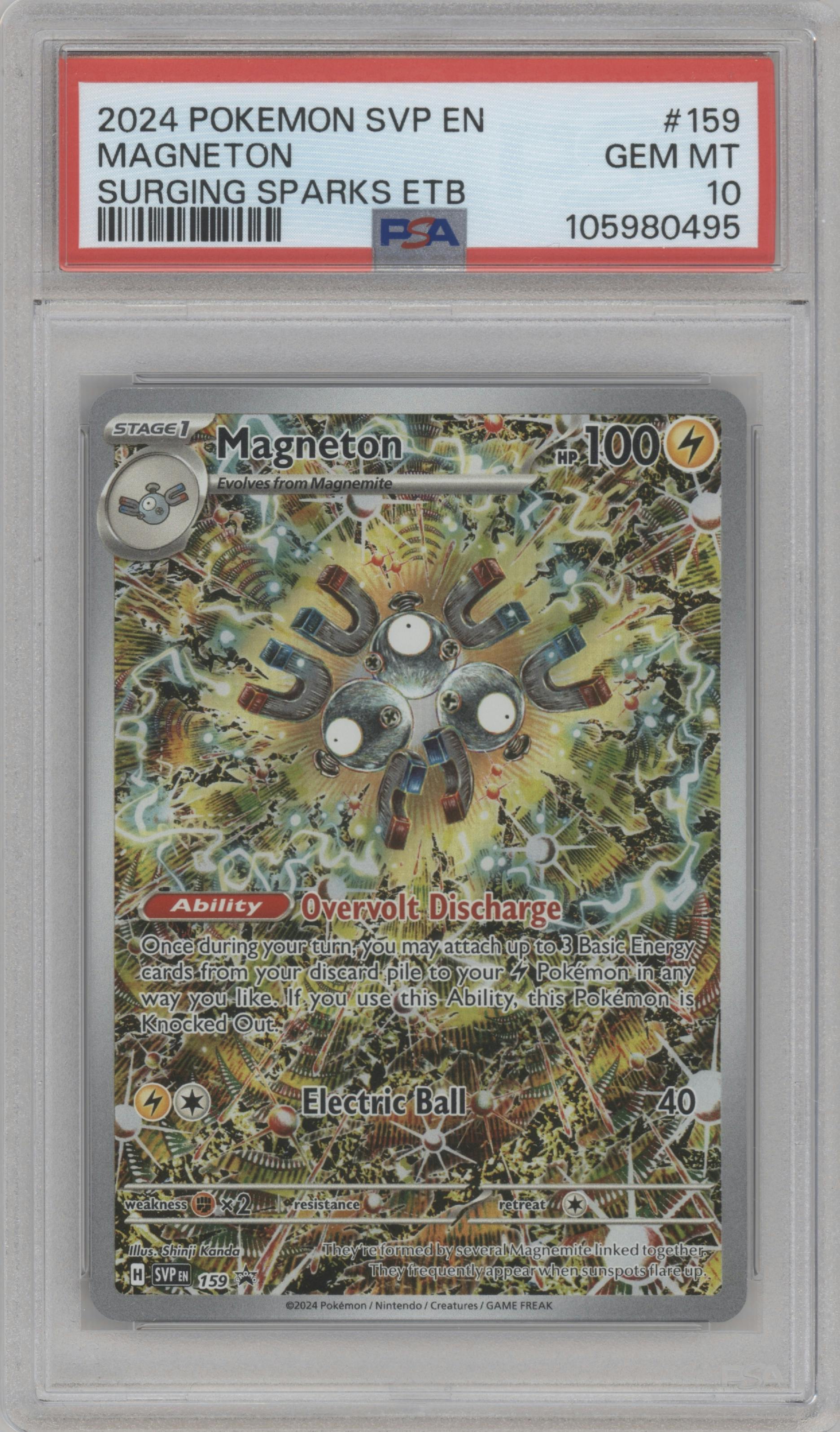 Magneton from the 2024 Pokemon SV set featuring a Surging Sparks Elite Trainer Box parallel graded by PSA and given an overall grade of 10.