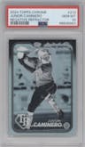 Junior Caminero from the 2024 Topps Chrome set featuring a Negative Refractor parallel graded by PSA and given an overall grade of 10.