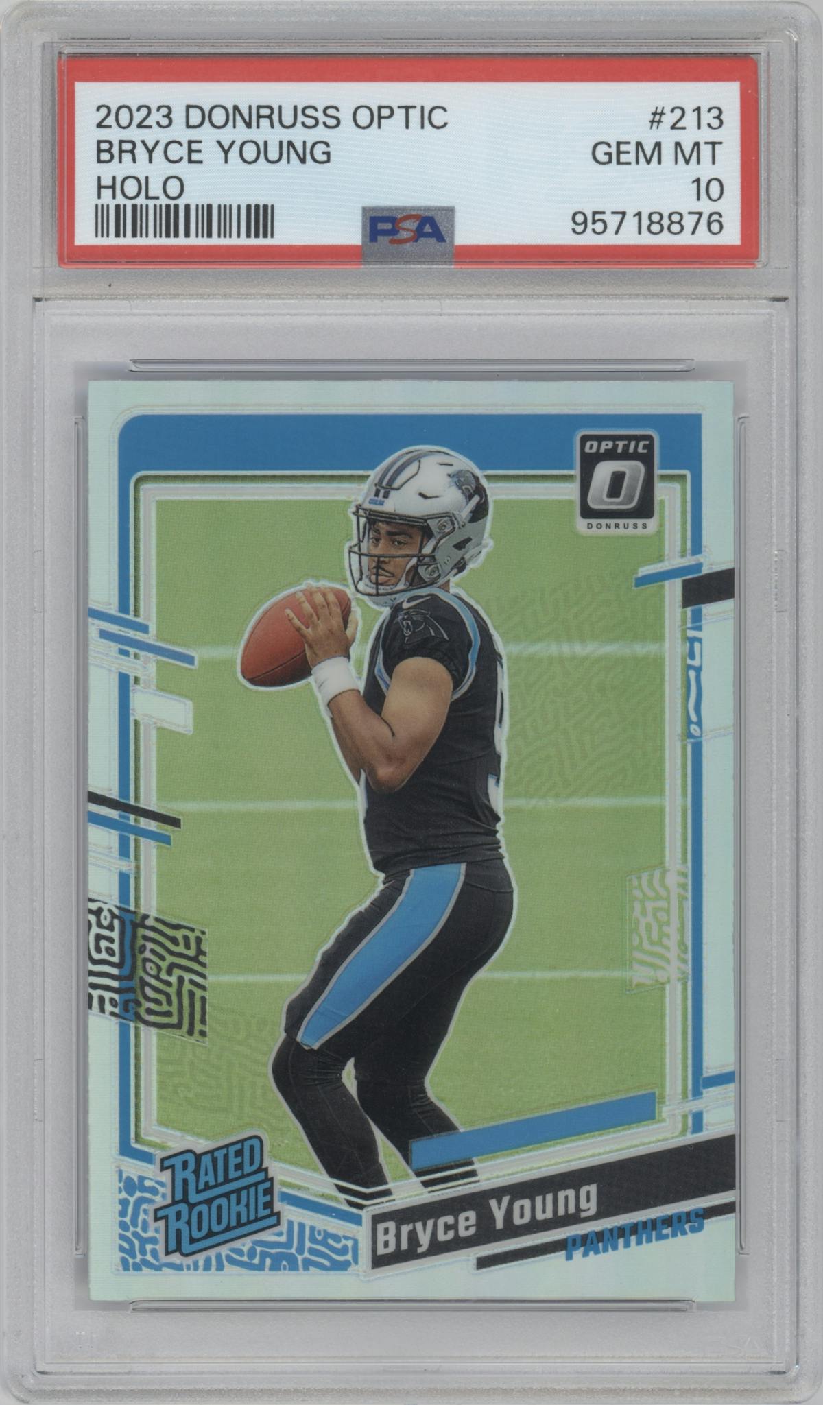 Bryce Young from the 2023 Donruss Optic set featuring a Holo parallel graded by PSA and given an overall grade of 10.