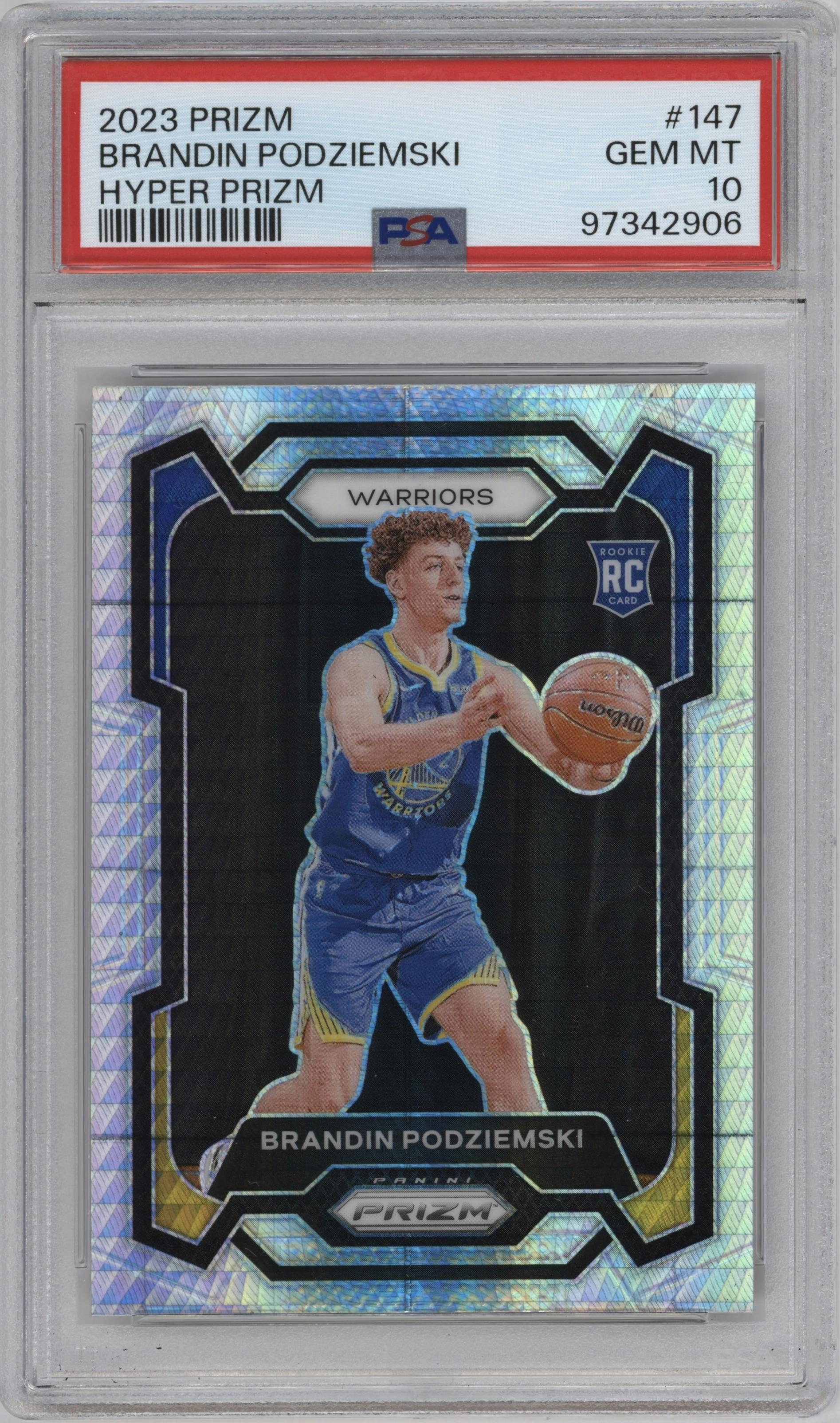 Brandin Podziemski from the 2023-24 Panini Prizm set featuring a Hyper Prizm parallel graded by PSA and given an overall grade of 10.