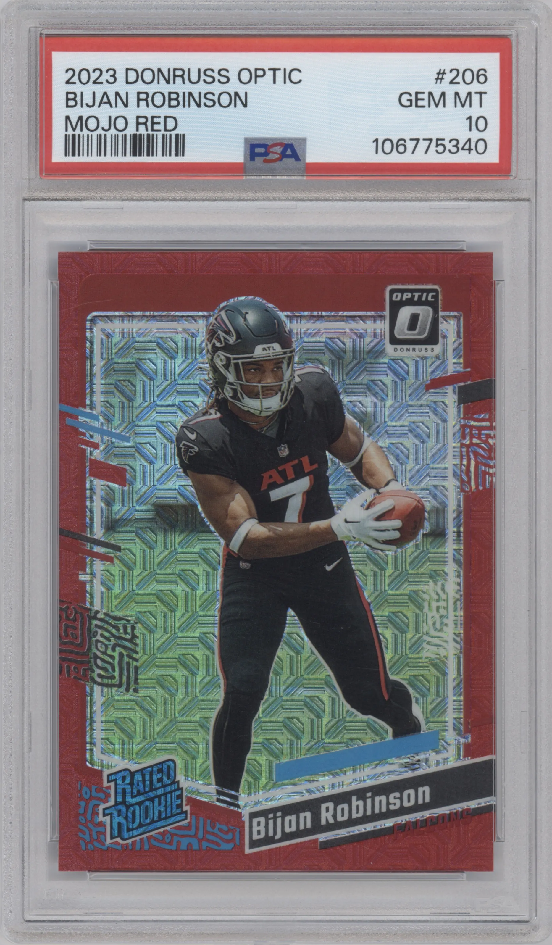 Bijan Robinson from the 2023 Donruss Optic set featuring a Red Mojo  parallel graded by PSA and given an overall grade of 10.