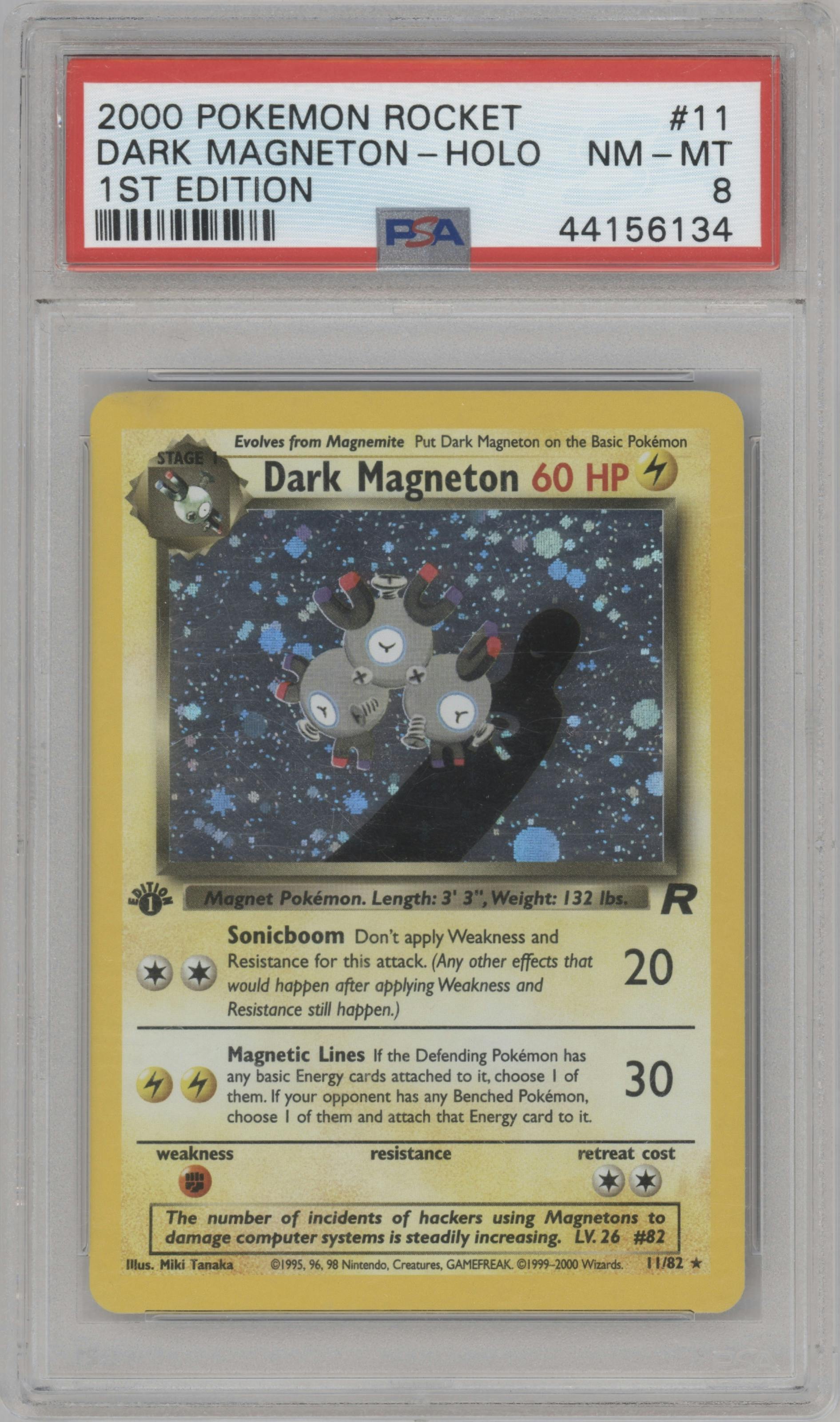 Dark Magneton from the 2000 Pokemon set graded by PSA and given an overall grade of 8.