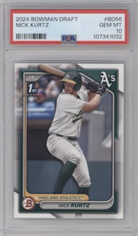 Nick Kurtz from the 2024 Bowman Draft set graded by PSA and given an overall grade of 10.