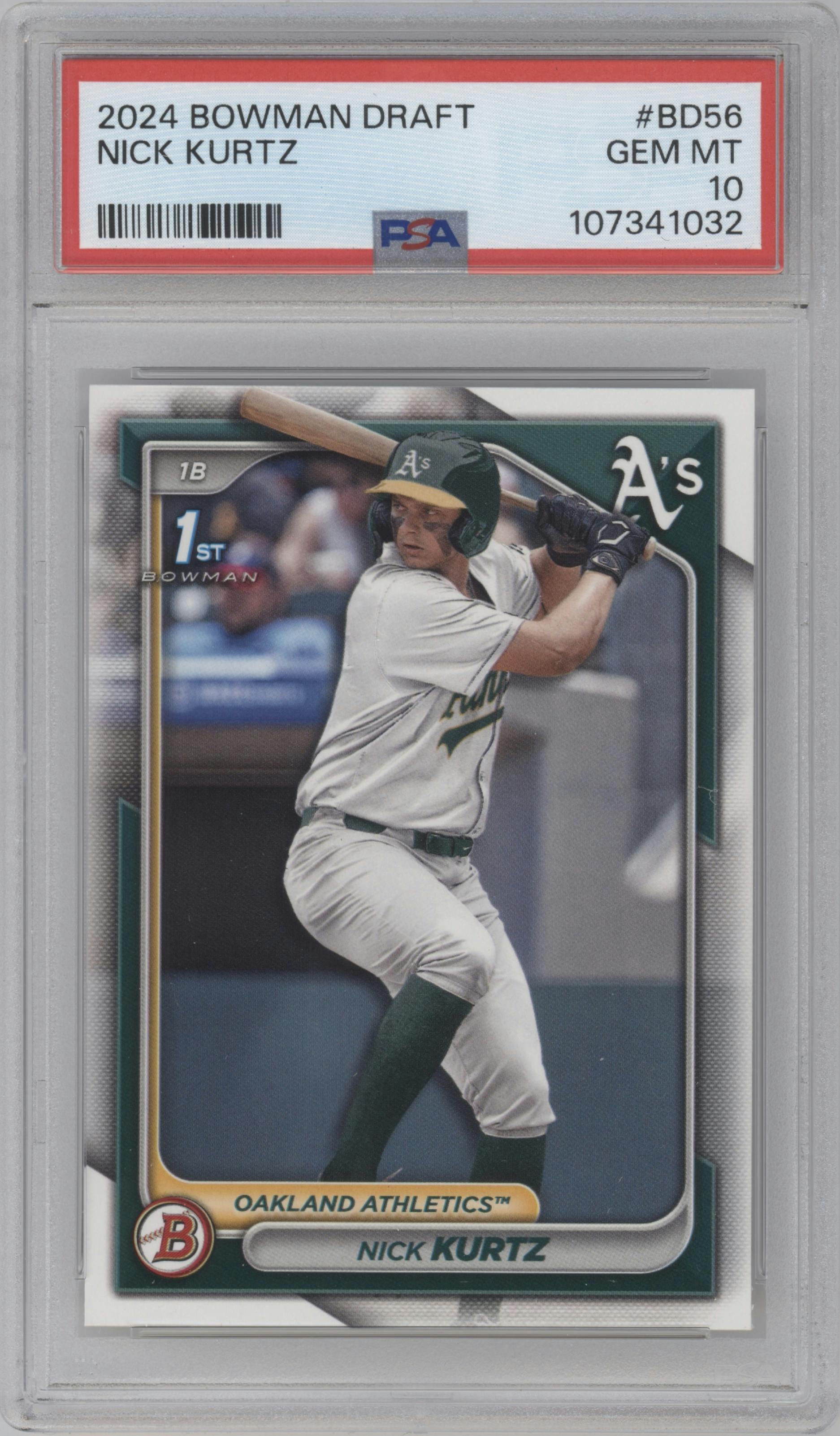 Nick Kurtz from the 2024 Bowman Draft set graded by PSA and given an overall grade of 10.