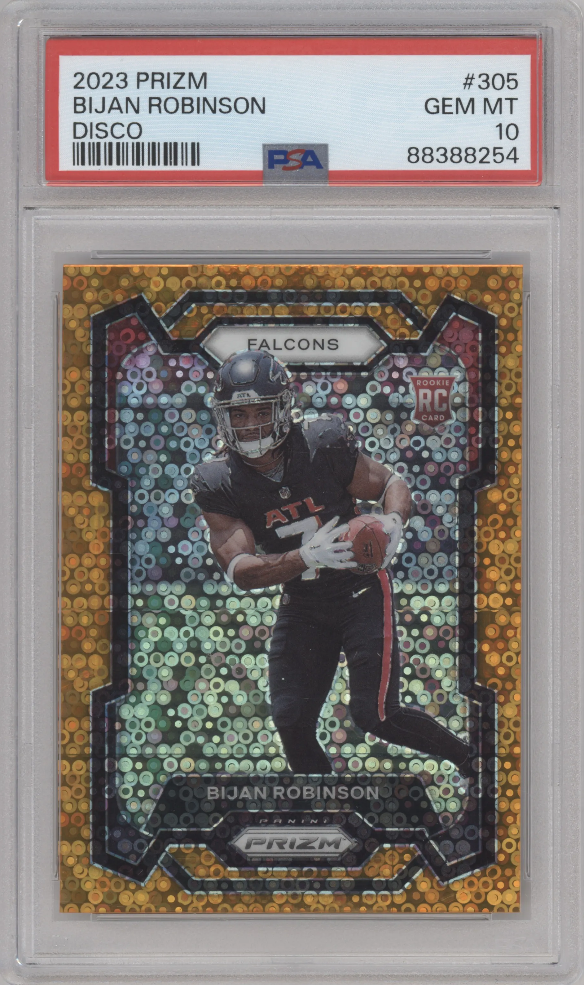 Bijan Robinson from the 2023 Panini Prizm set featuring a Disco parallel graded by PSA and given an overall grade of 10.