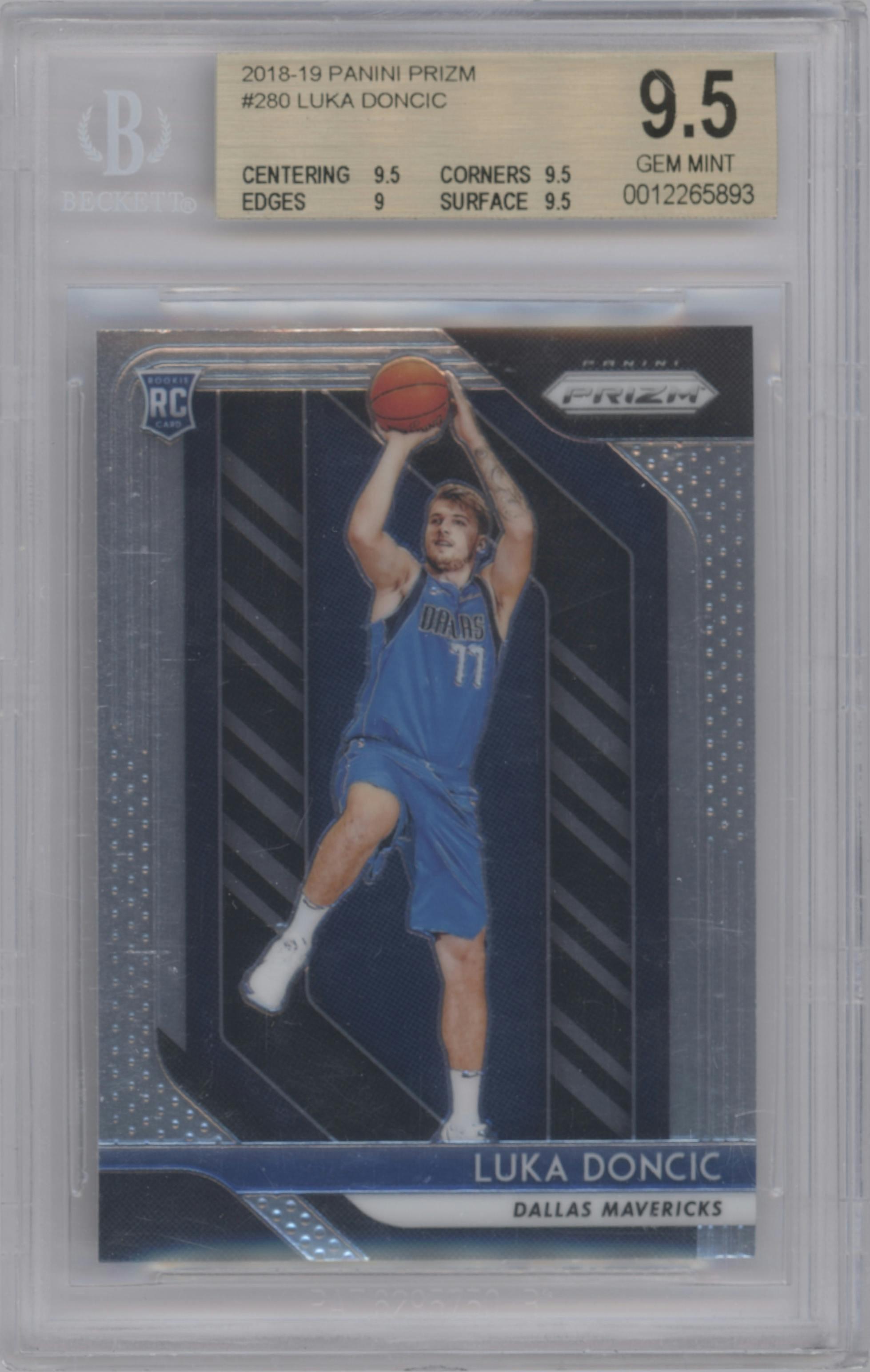 Luka Doncic from the 2018-19 Panini Prizm set graded by Beckett and given an overall grade of 9.5.