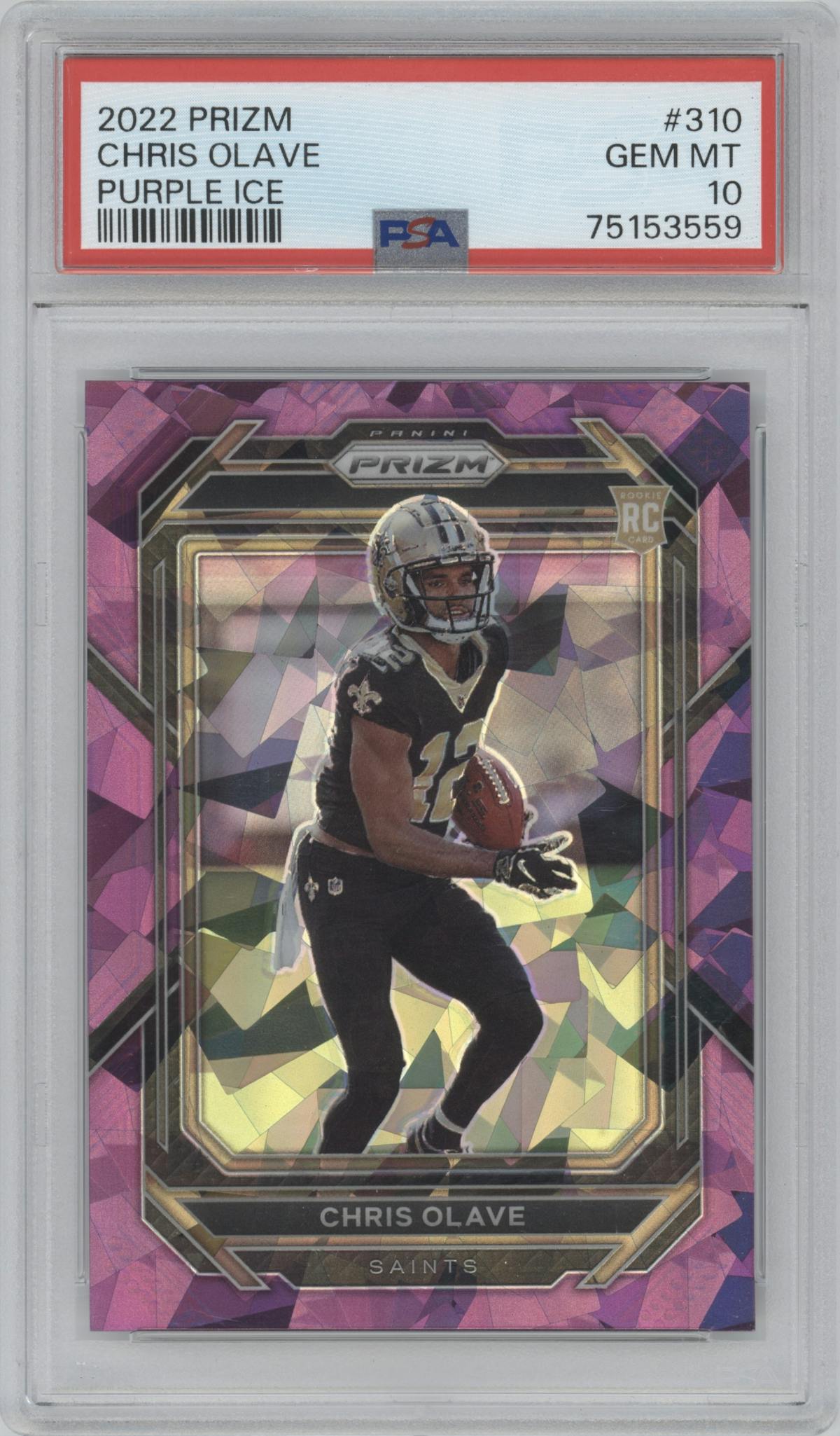 Chris Olave from the 2022 Panini Prizm set featuring a Purple Ice parallel graded by PSA and given an overall grade of 10.