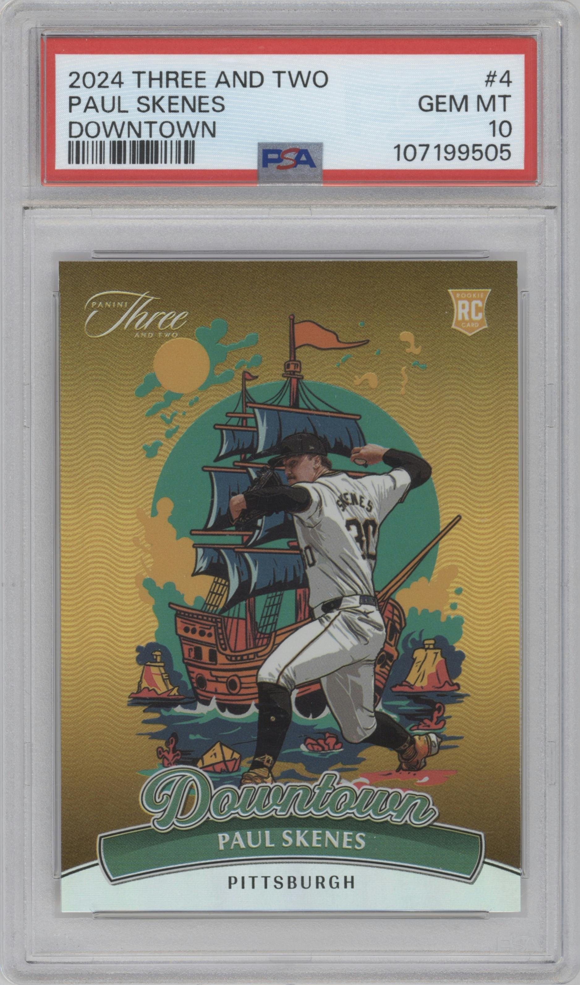 Paul Skenes from the 2024 Panini Three and Two set graded by PSA and given an overall grade of 10.