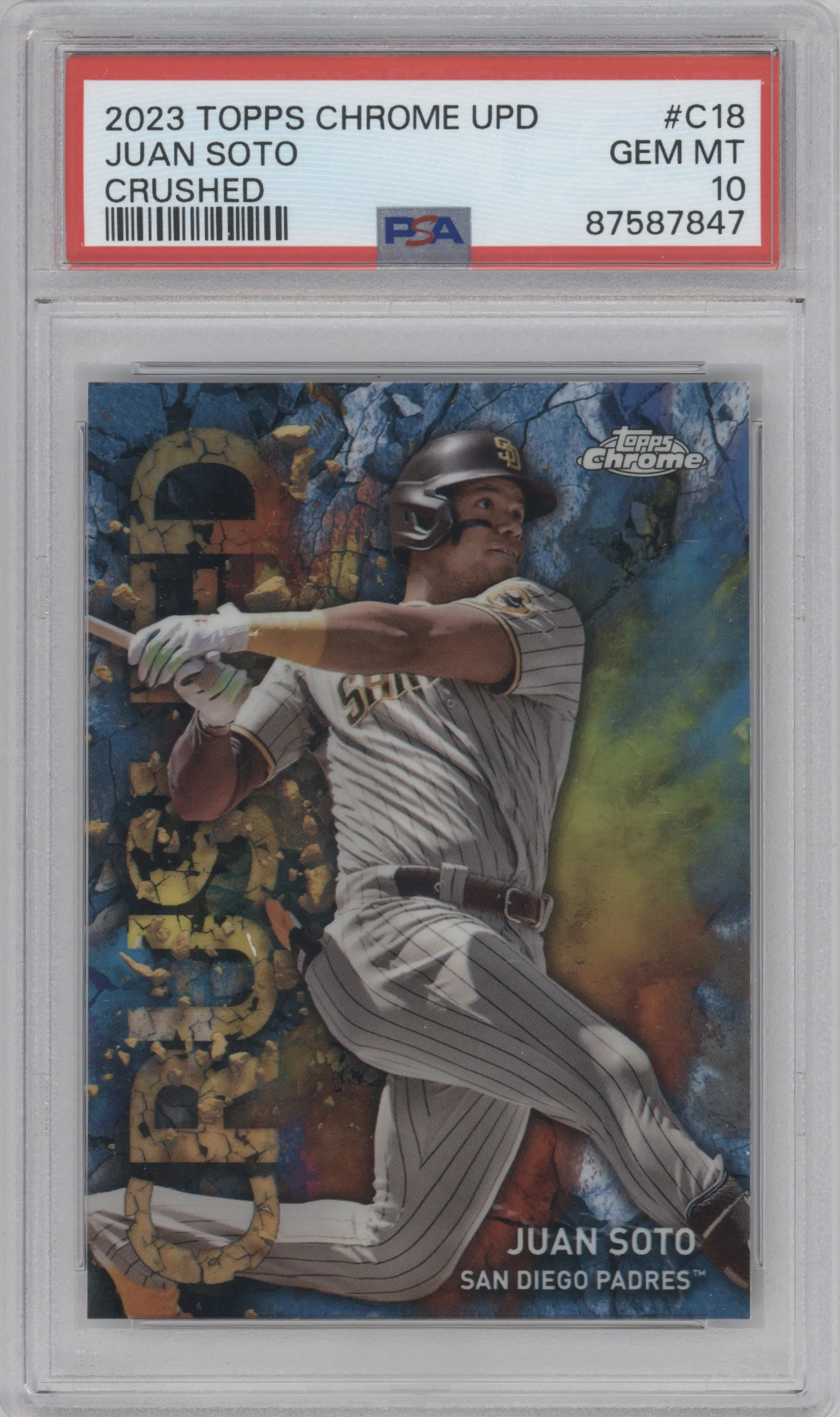 Juan Soto from the 2023 Topps Chrome Update set graded by PSA and given an overall grade of 10.
