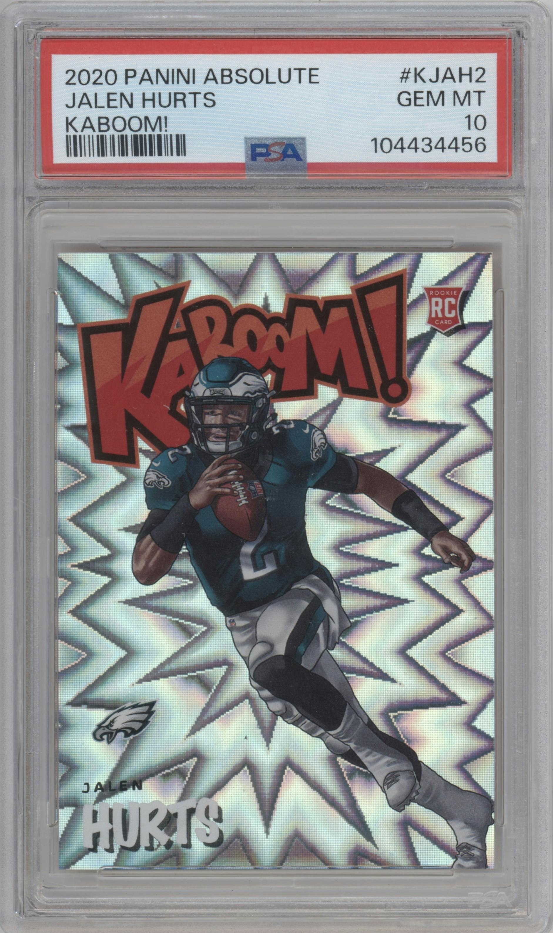 Jalen Hurts from the 2020 Panini Absolute set graded by PSA and given an overall grade of 10.