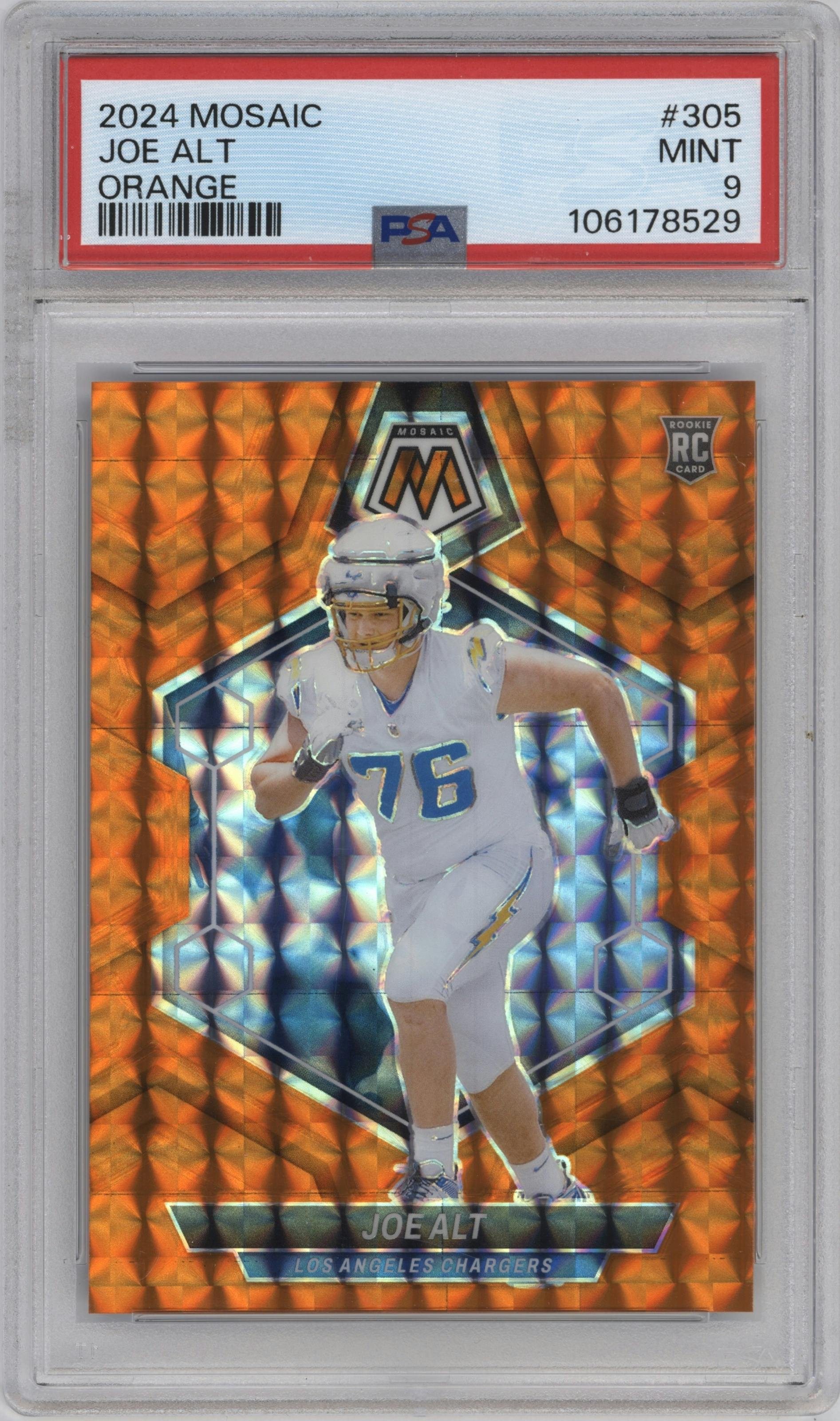 Joe Alt from the 2024 Panini Mosaic set featuring a Orange parallel graded by PSA and given an overall grade of 9.
