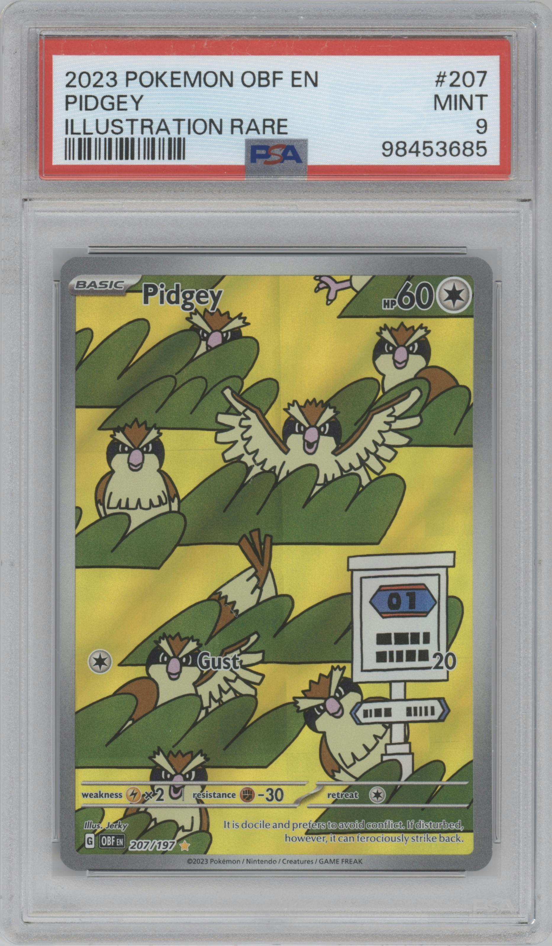 Pidgey from the 2023 Pokemon SV set graded by PSA and given an overall grade of 9.