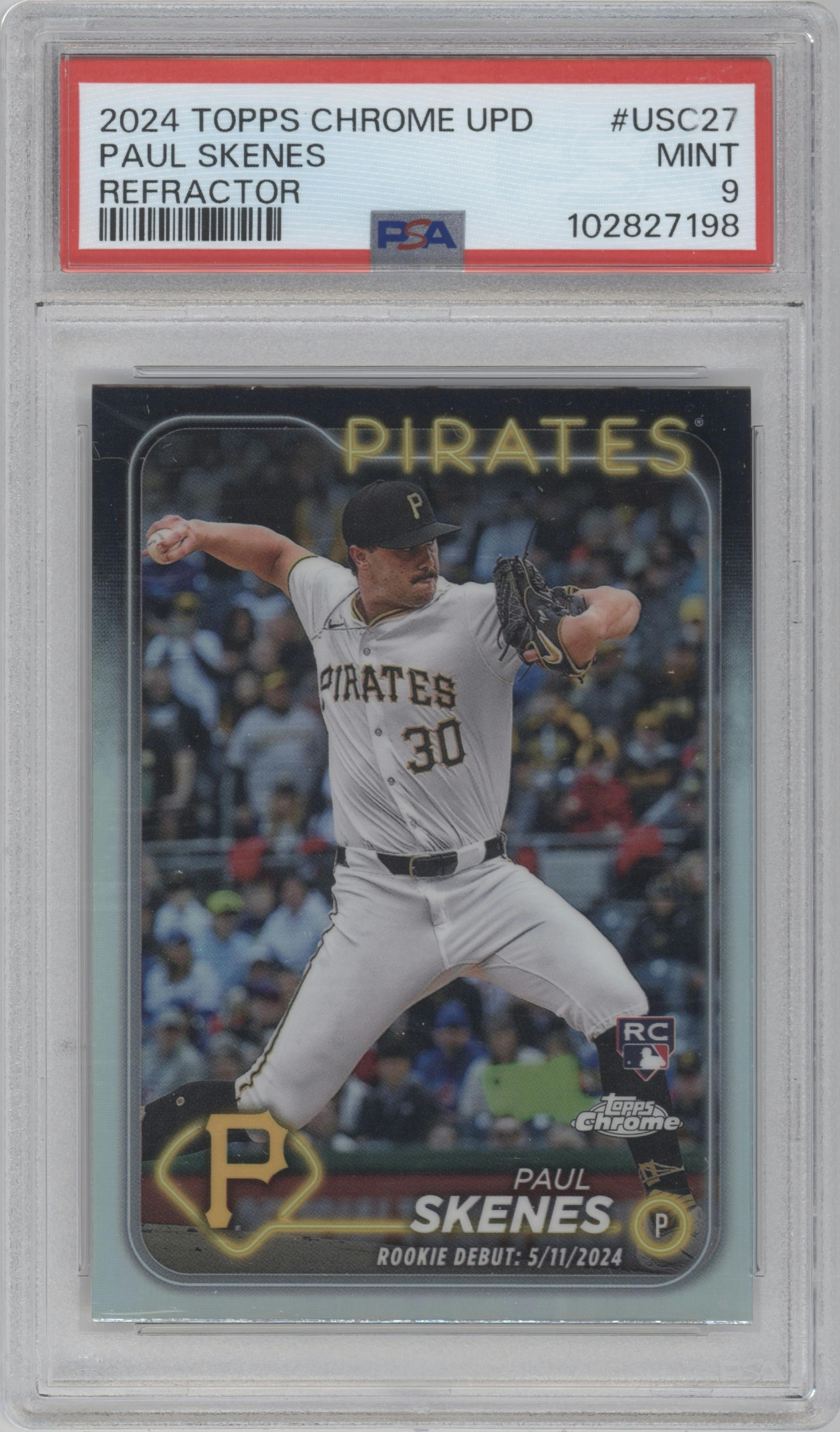 Paul Skenes from the 2024 Topps Chrome Update set featuring a Refractor parallel graded by PSA and given an overall grade of 9.