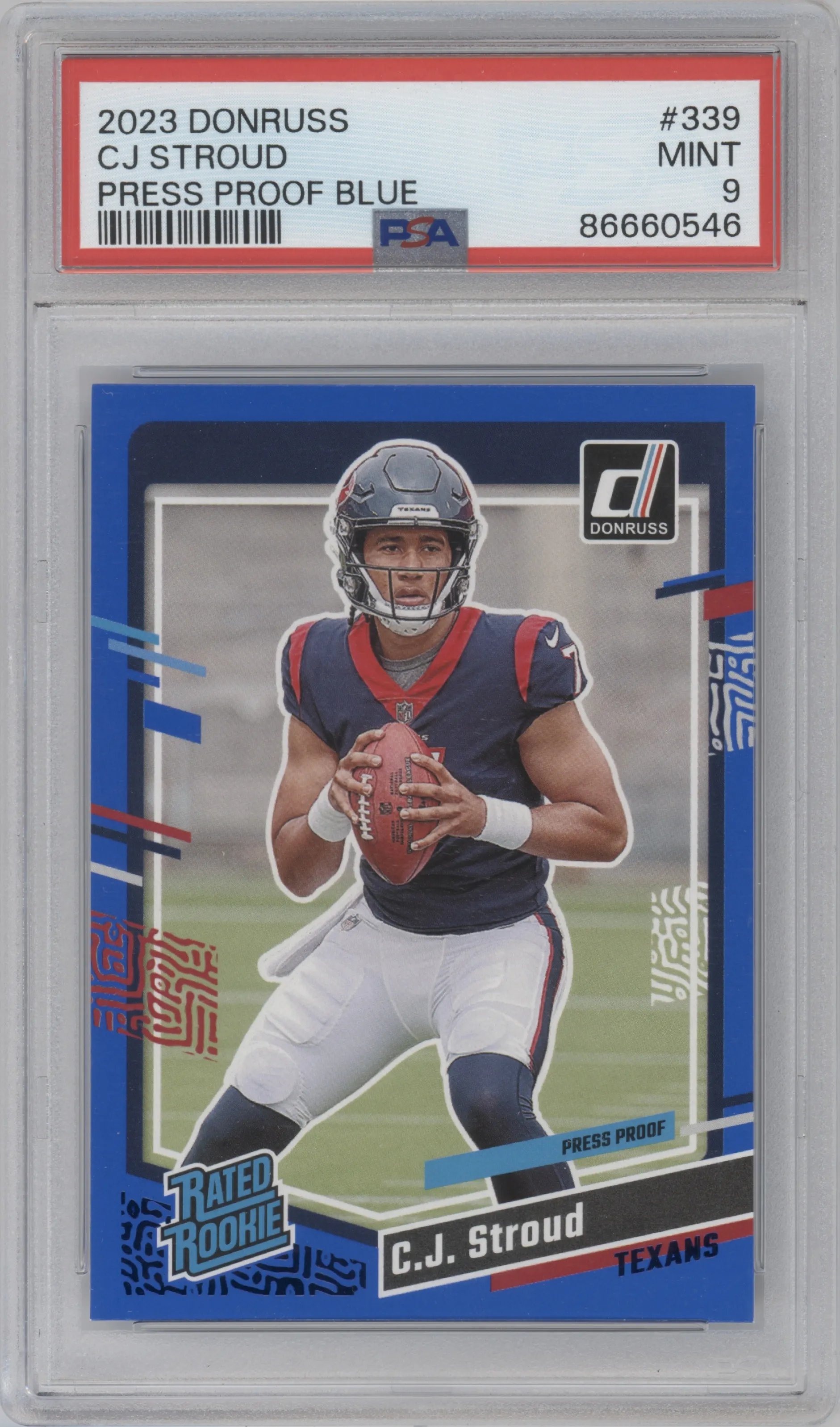 C.J. Stroud from the 2023 Panini Donruss set featuring a Press Proof Blue parallel graded by PSA and given an overall grade of 9.