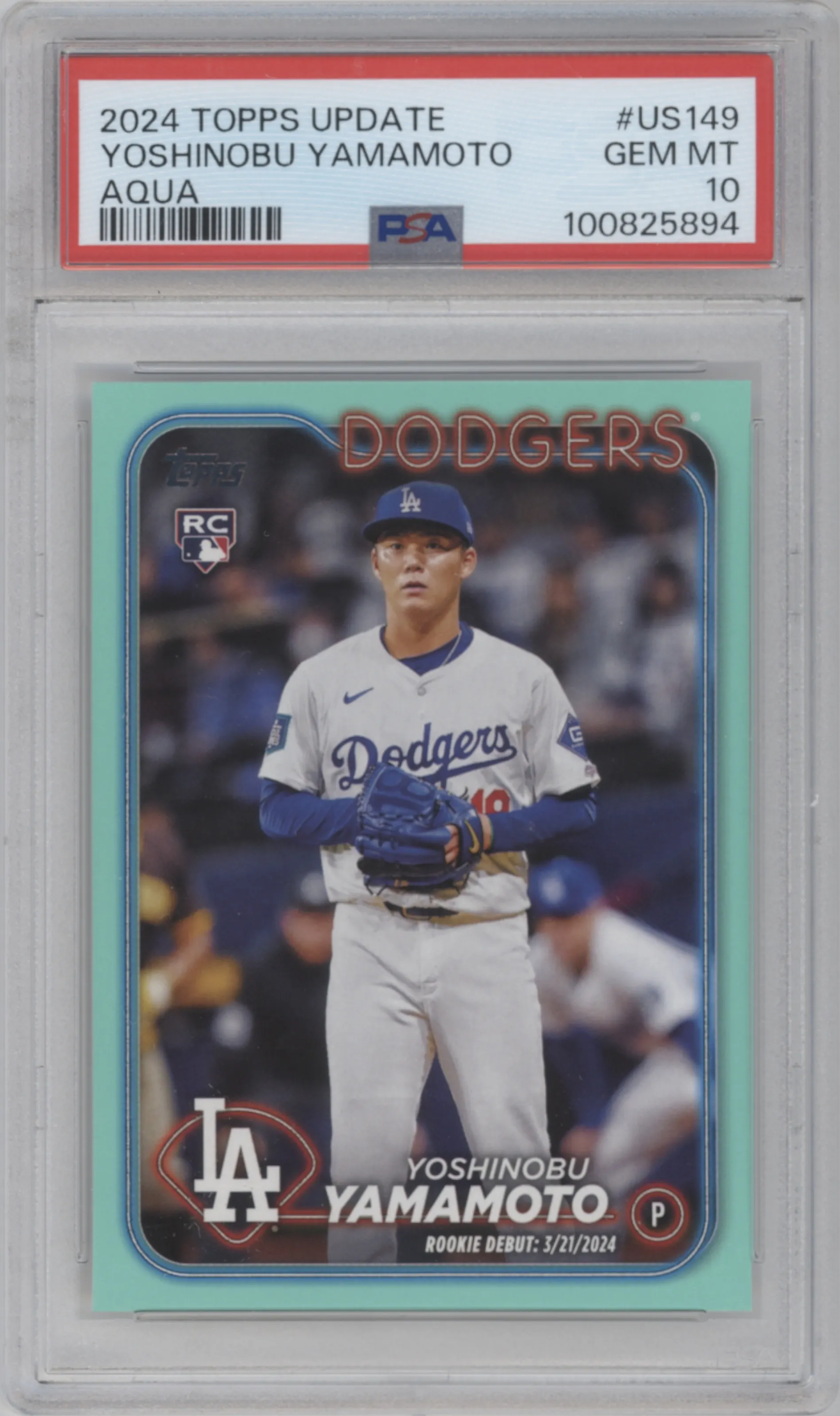 Yoshinobu Yamamoto from the 2024 Topps Update set featuring a Aqua parallel graded by PSA and given an overall grade of 10.