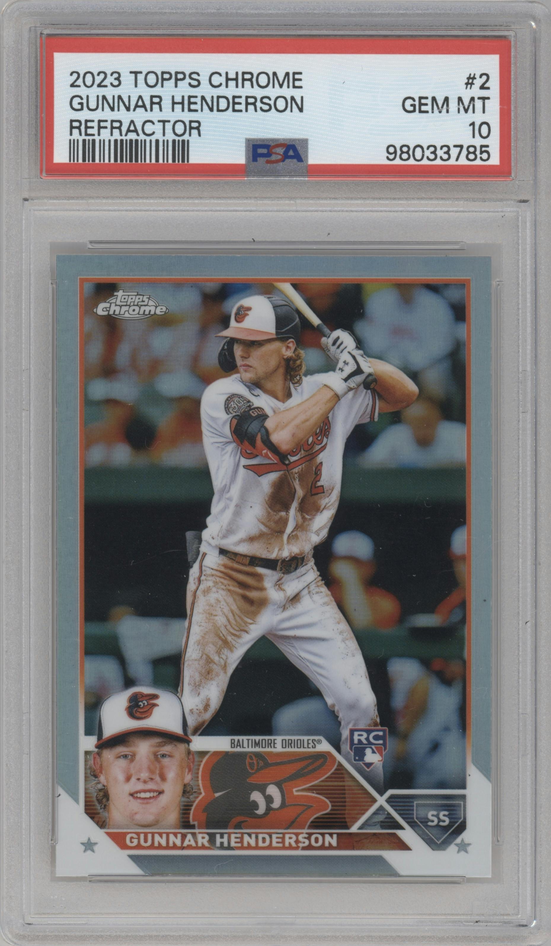 Gunnar Henderson from the 2023 Topps Chrome set featuring a Refractor parallel graded by PSA and given an overall grade of 10.
