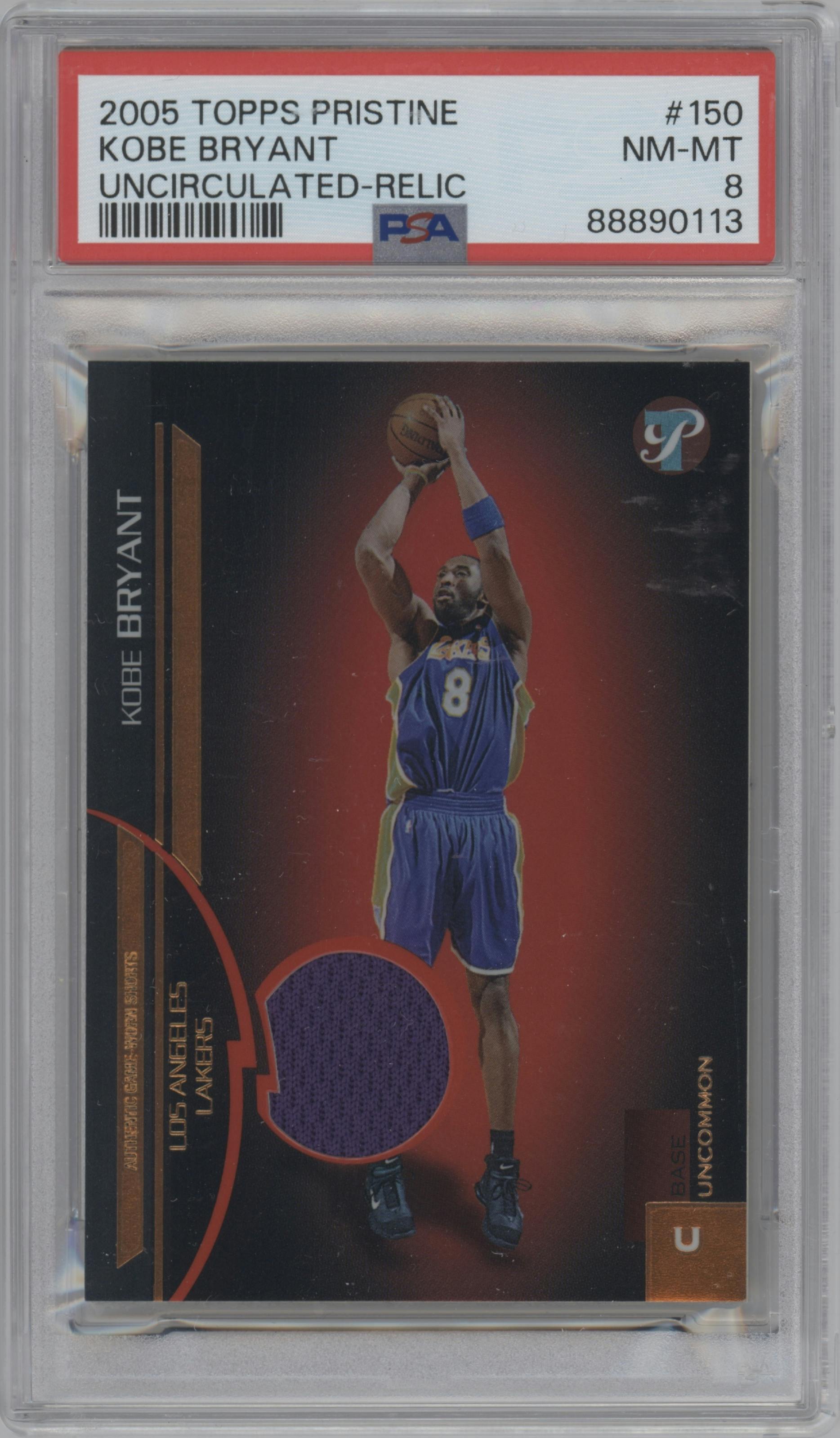 Kobe Bryant from the 2005-06 Topps Pristine set featuring a Uncirculated parallel graded by PSA and given an overall grade of 8.
