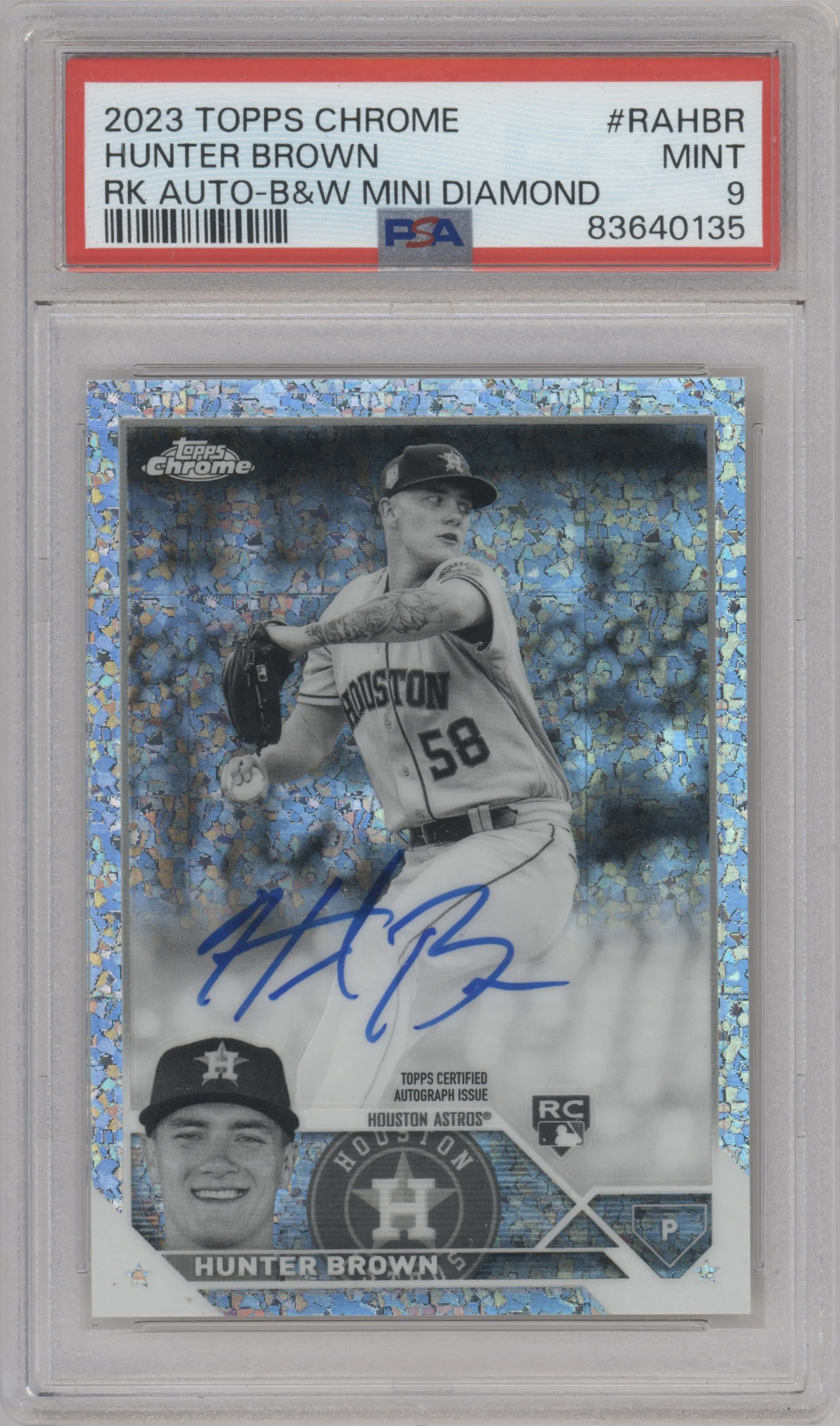 Hunter Brown from the 2023 Topps Chrome set featuring a BW Mini-Diamond parallel graded by PSA and given an overall grade of 9.