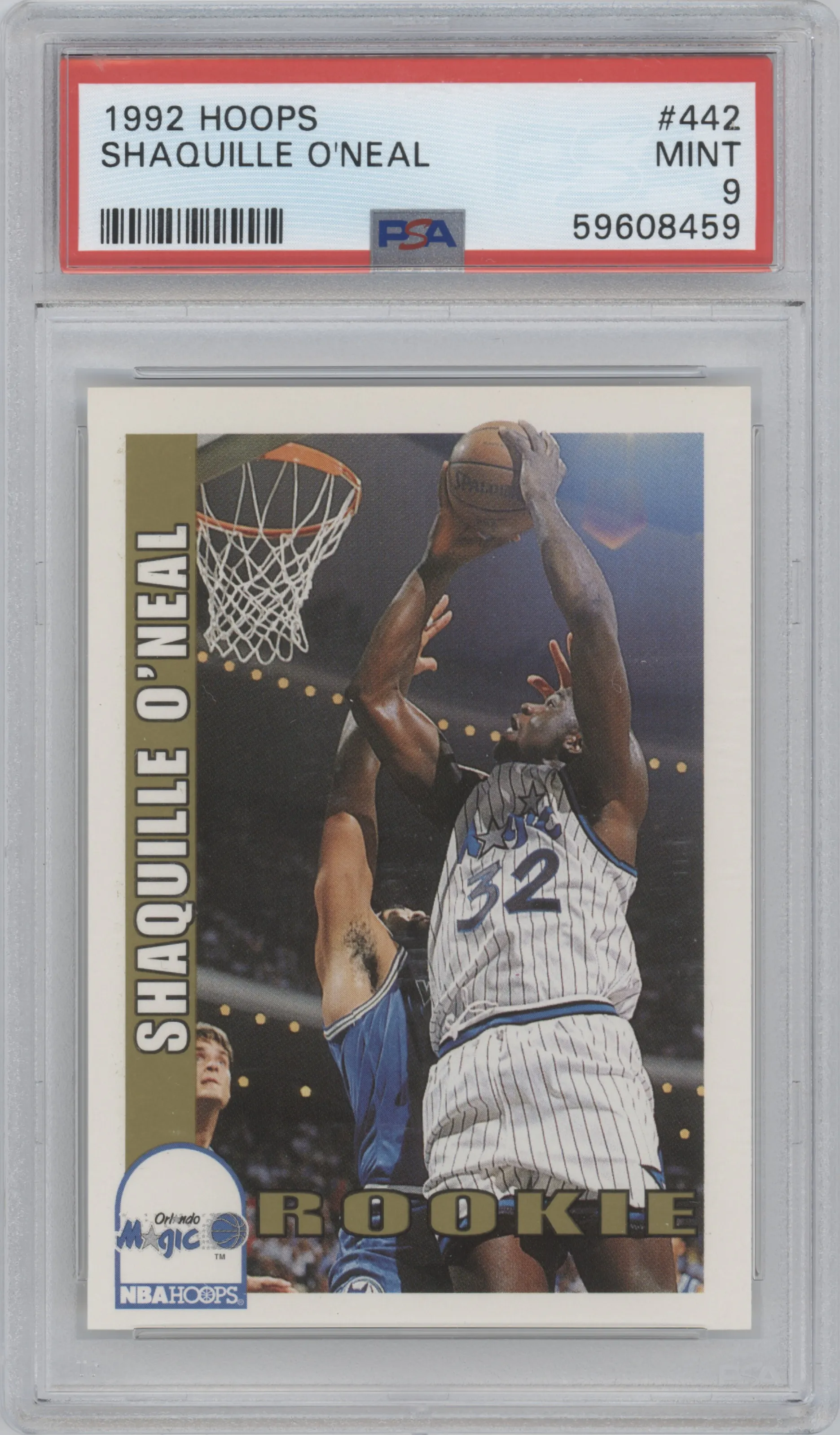 Shaquille O'neal from the 1992-93 NBA Hoops set graded by PSA and given an overall grade of 9.