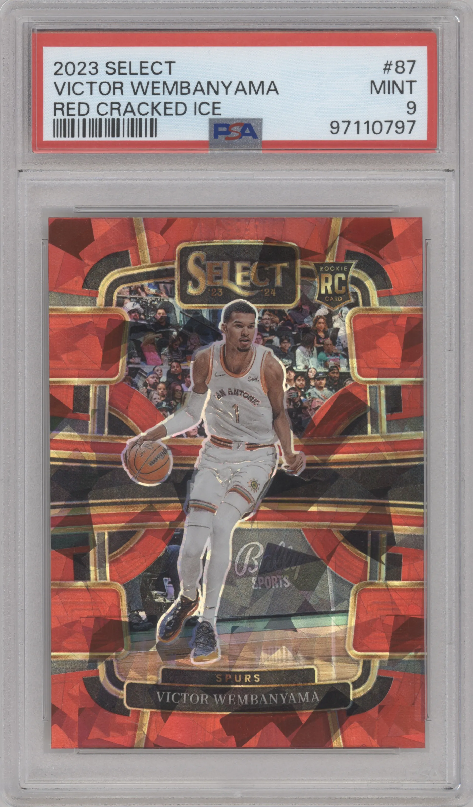 Victor Wembanyama from the 2023-24 Panini Select  set featuring a Red Cracked Ice parallel graded by PSA and given an overall grade of 9.