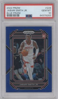 Jabari Smith Jr. from the 2022-23 Panini Prizm  set featuring a Blue Prizm parallel graded by PSA and given an overall grade of 10.