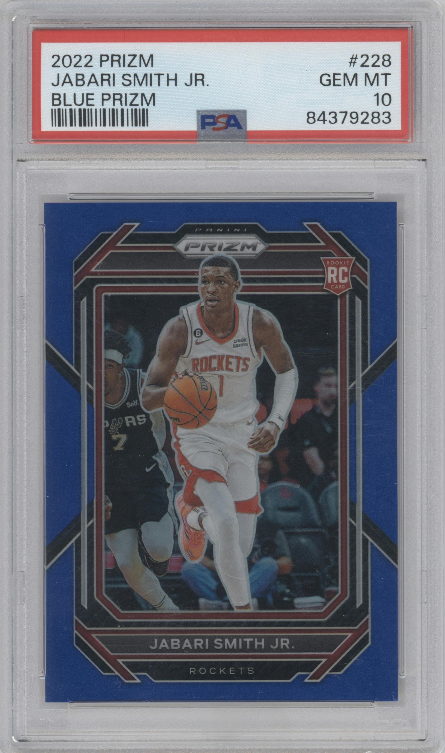 Jabari Smith Jr. from the 2022-23 Panini Prizm  set featuring a Blue Prizm parallel graded by PSA and given an overall grade of 10.