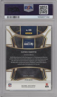 Geno Smith from the 2023 Panini Select set featuring a Disco Red parallel graded by PSA and given an overall grade of 10.