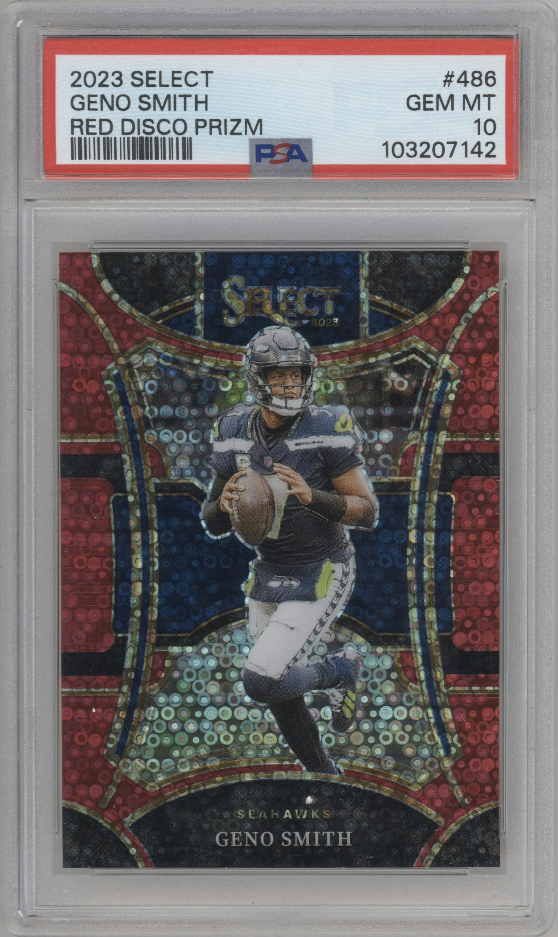 Geno Smith from the 2023 Panini Select set featuring a Disco Red parallel graded by PSA and given an overall grade of 10.