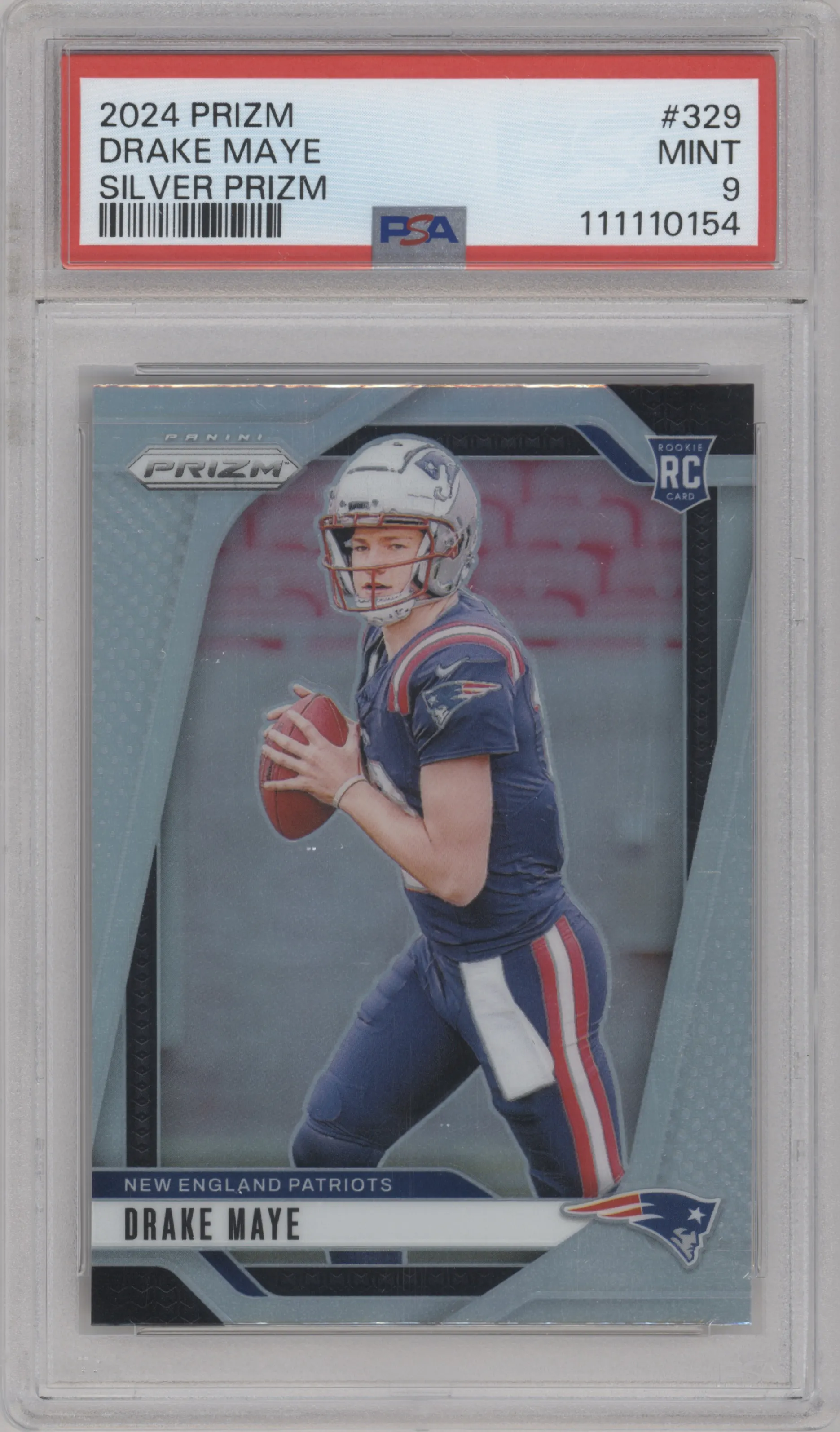 Drake Maye from the 2024 Panini Prizm set featuring a Silver Prizm parallel graded by PSA and given an overall grade of 9.
