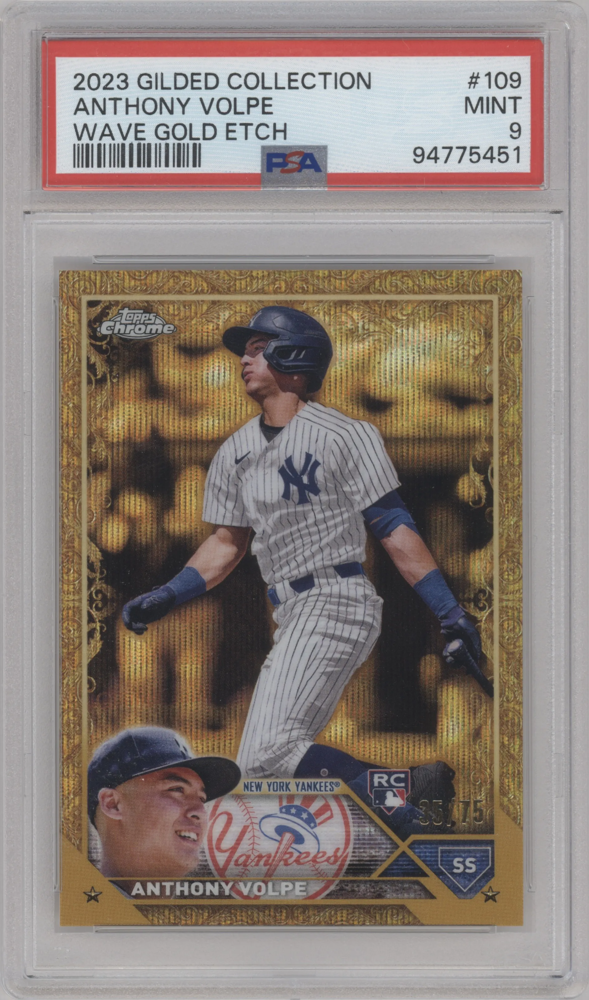 Anthony Volpe from the 2023 Topps Gilded Collection set featuring a Wave Gold Etch parallel graded by PSA and given an overall grade of 9.