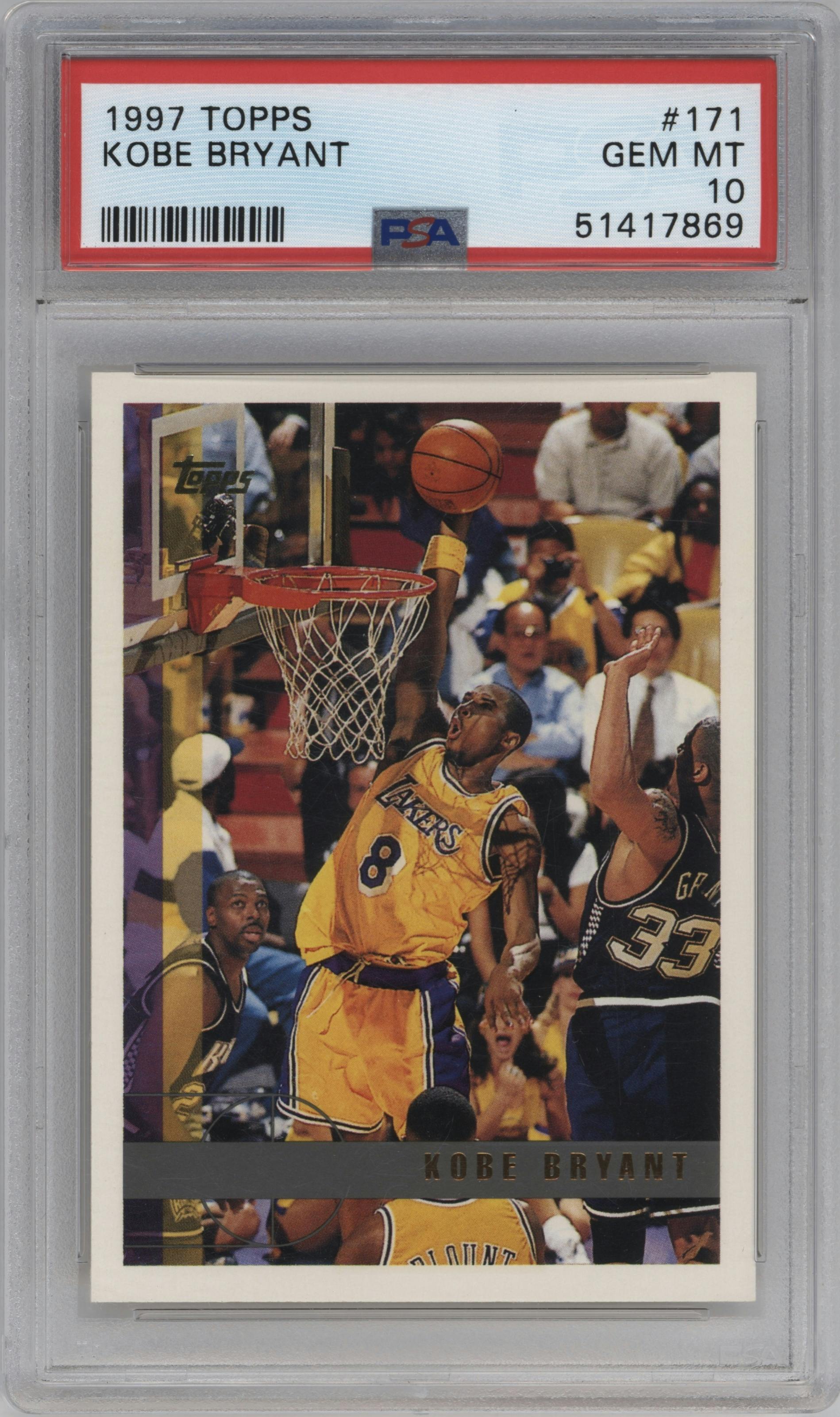 Kobe Bryant from the 1997-98 Topps  set graded by PSA and given an overall grade of 10.