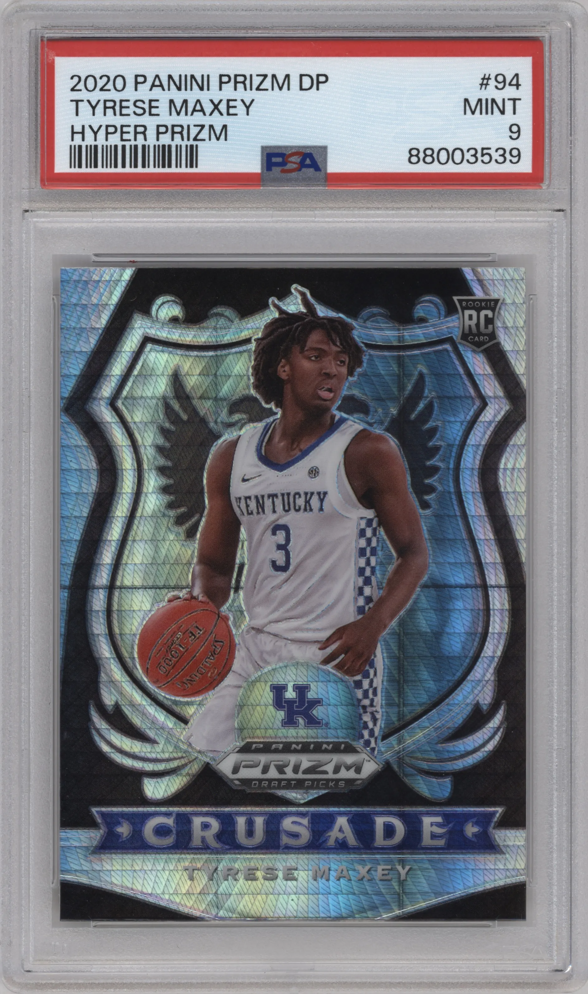 Tyrese Maxey from the 2020-21 Panini Prizm Draft Picks set featuring a Hyper parallel graded by PSA and given an overall grade of 9.