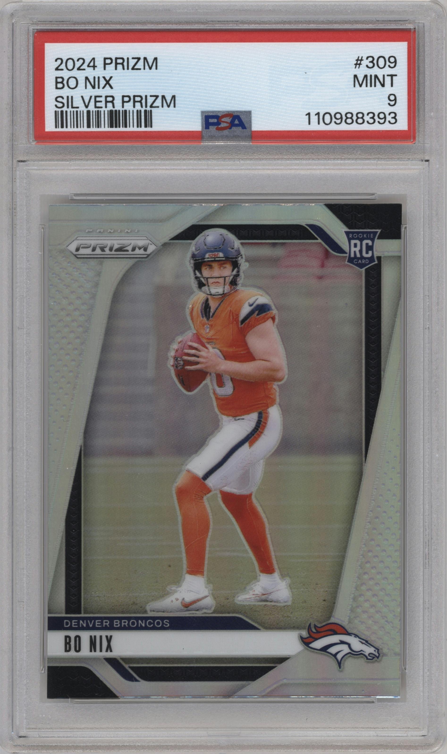 Bo Nix from the 2024 Panini Prizm set featuring a Silver Prizm parallel graded by PSA and given an overall grade of 9.